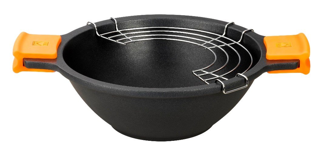24cm Concave Wok with Glass Lid & Silicone Handles - Non-Stick Stir Fry Pan for Asian Cooking, Perfect for Sautéing, Stir-Frying & Deep Frying in Home Kitchen