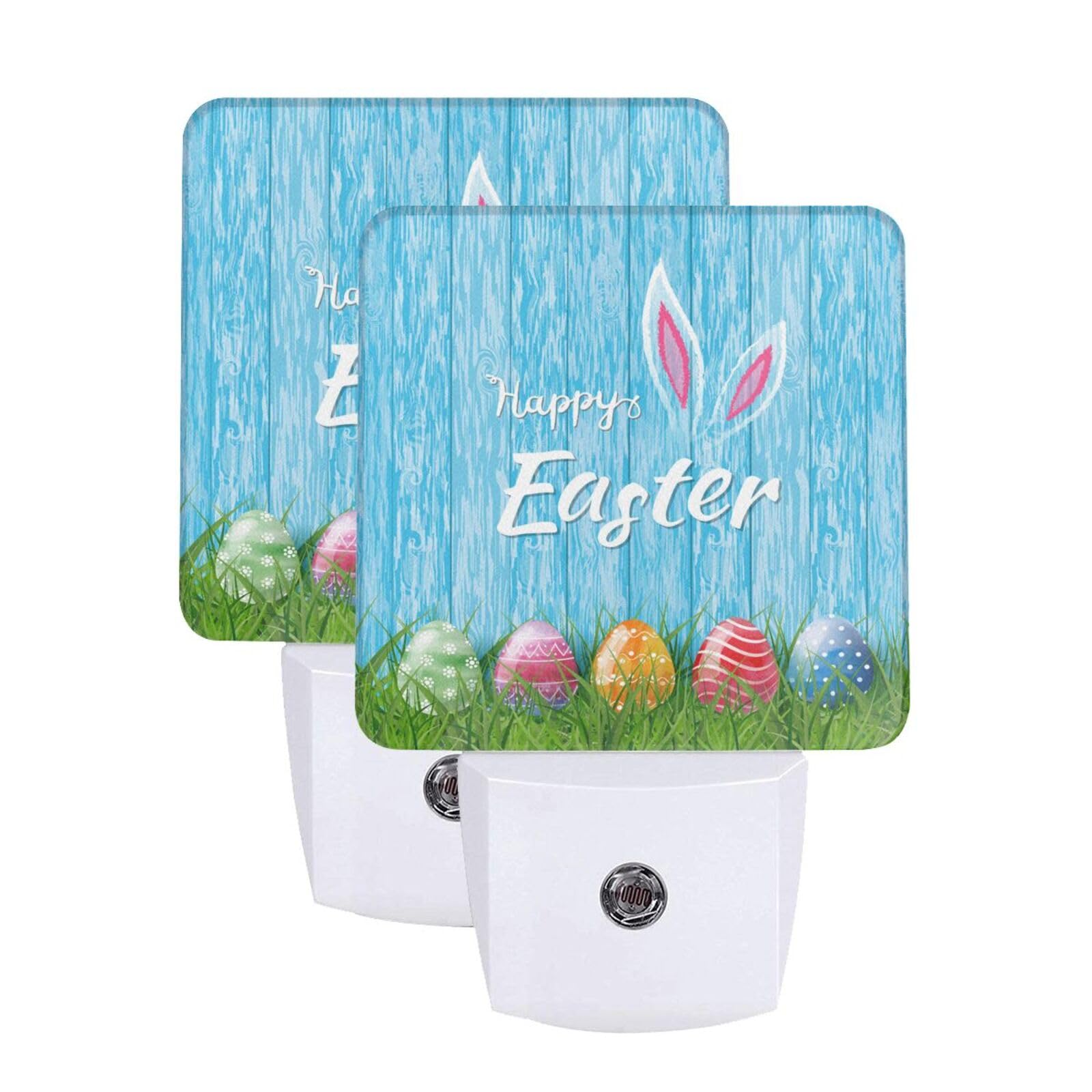 Easter Bunny Colorful Eggs Night Light Set of 2 - Plug-in LED Nightlights with Auto Dusk-to-Dawn Sensor - Perfect for Bedroom, Bathroom, Kitchen, Hallway & Stairs Decor - Cute Holiday Home Decor & Nighttime Safety Light