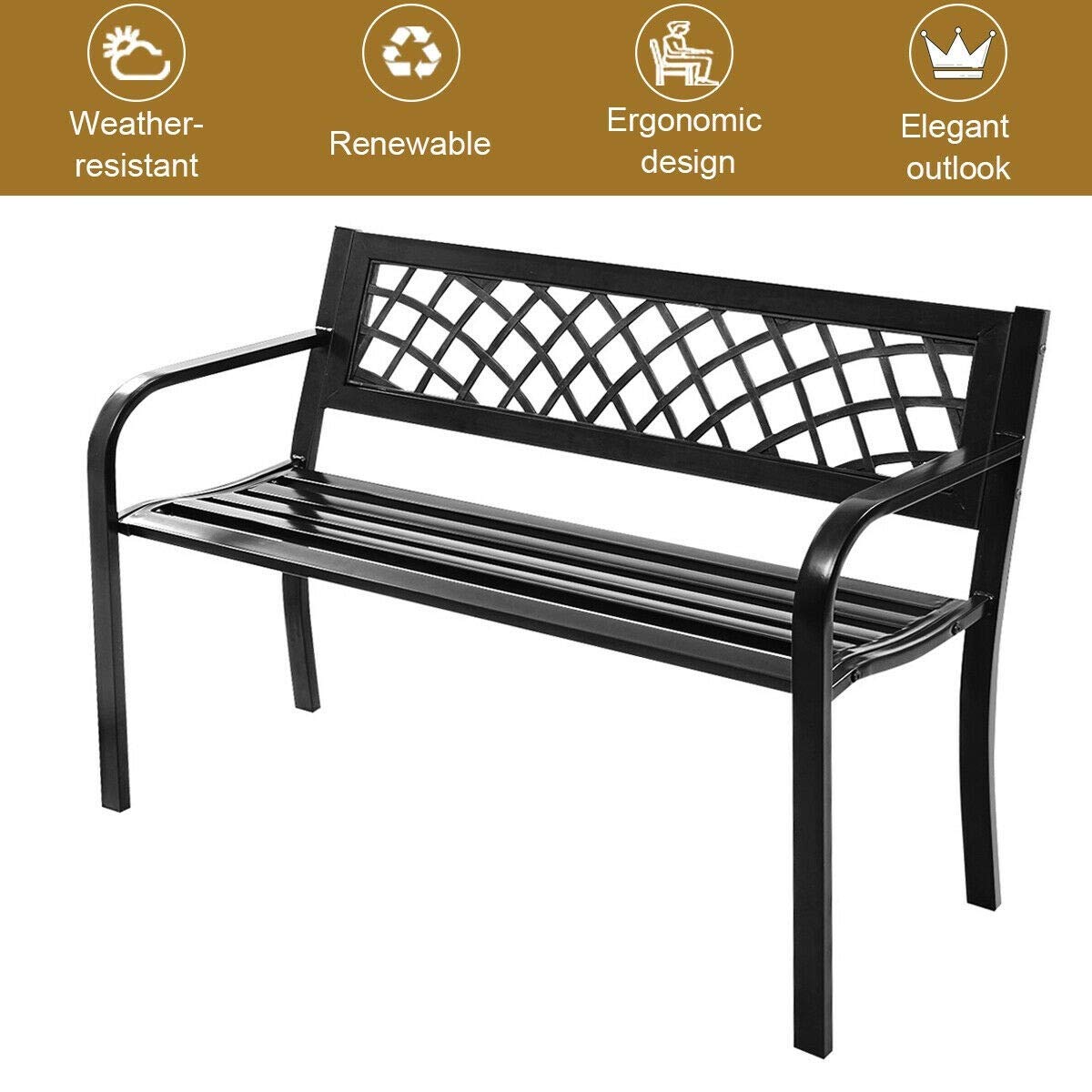 Sturdy Steel Frame Patio Garden Bench - Outdoor Deck & Front Porch Metal Bench - Wrought Iron Patio Furniture for Gardens, Decks & Outdoor Spaces
