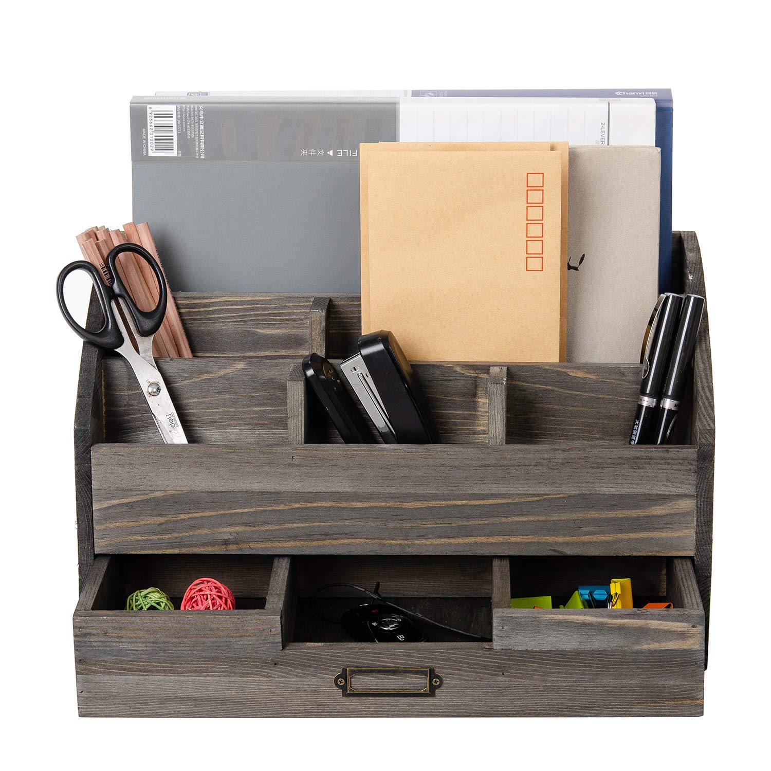 Distressed Rustic Wooden Office Desk Organizer - 5 Compartments with 2 Drawers, Counter Desk Tabletop Desktop Mail Rack for Pens, Notebooks, Folders, Pencils & Office Supplies (Rock Grey) - Perfect for Home Office, Workspace Organization & Small Business Storage