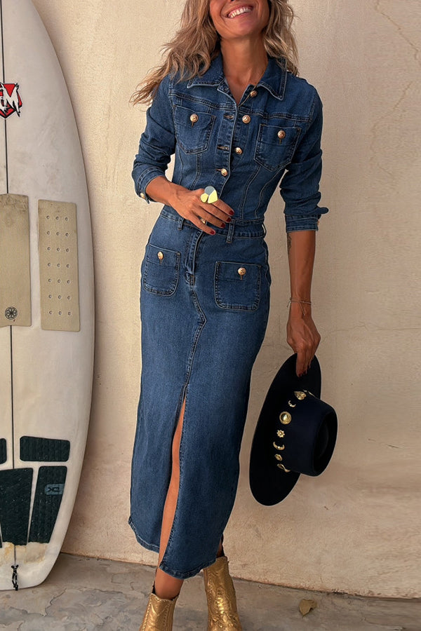 Stylish Tessy Denim Stretch Midi Dress with Metal Buttons & Zipper Detail - Perfect for Casual Outings, Date Nights & Office Wear