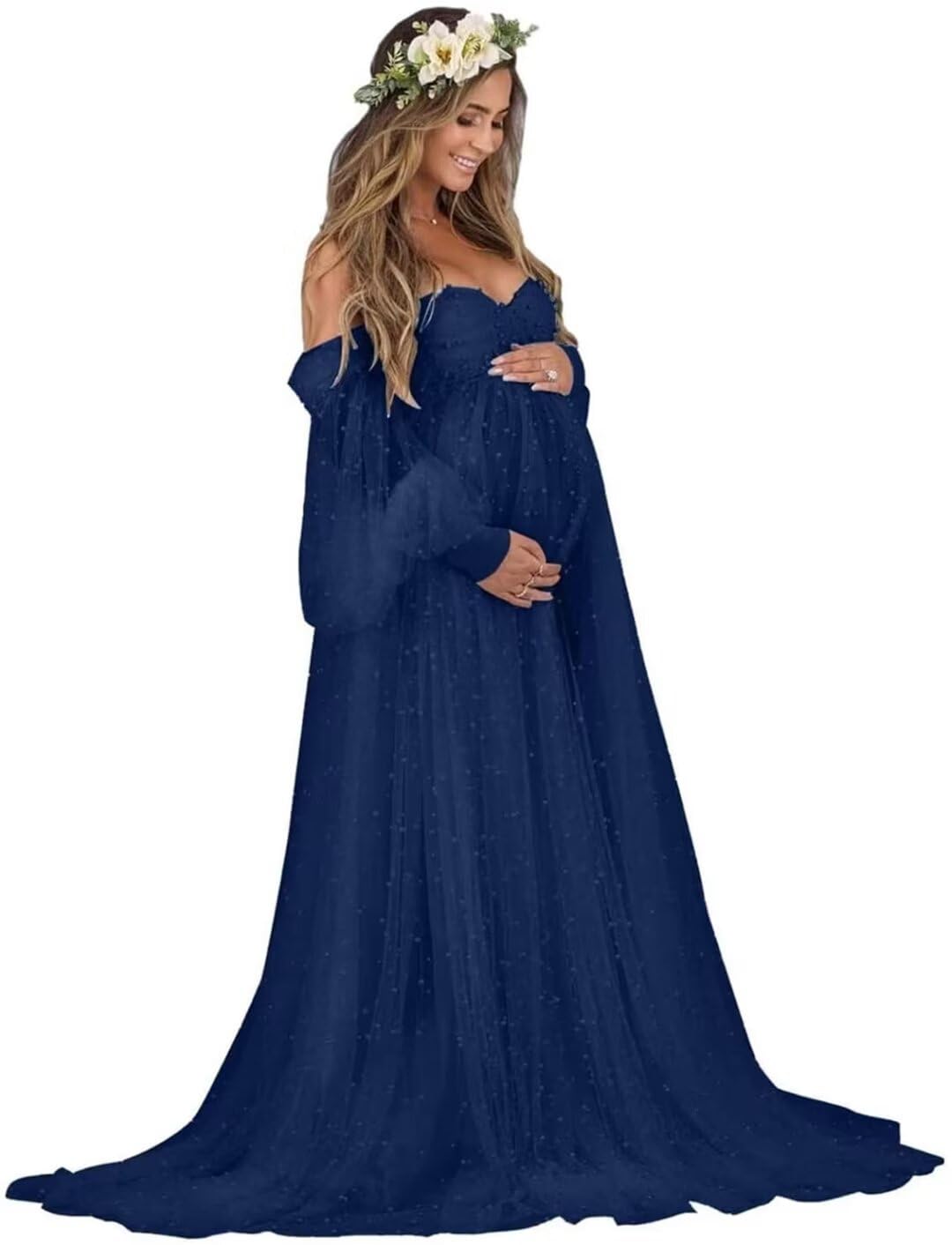Elegant Pearl Embellished Tulle Maternity Dress with Long Puffy Sleeves - Perfect for Baby Showers, Pregnancy Photoshoots & Special Occasions | Flowy Maternity Gown for Stunning Maternity Pictures & Celebrations