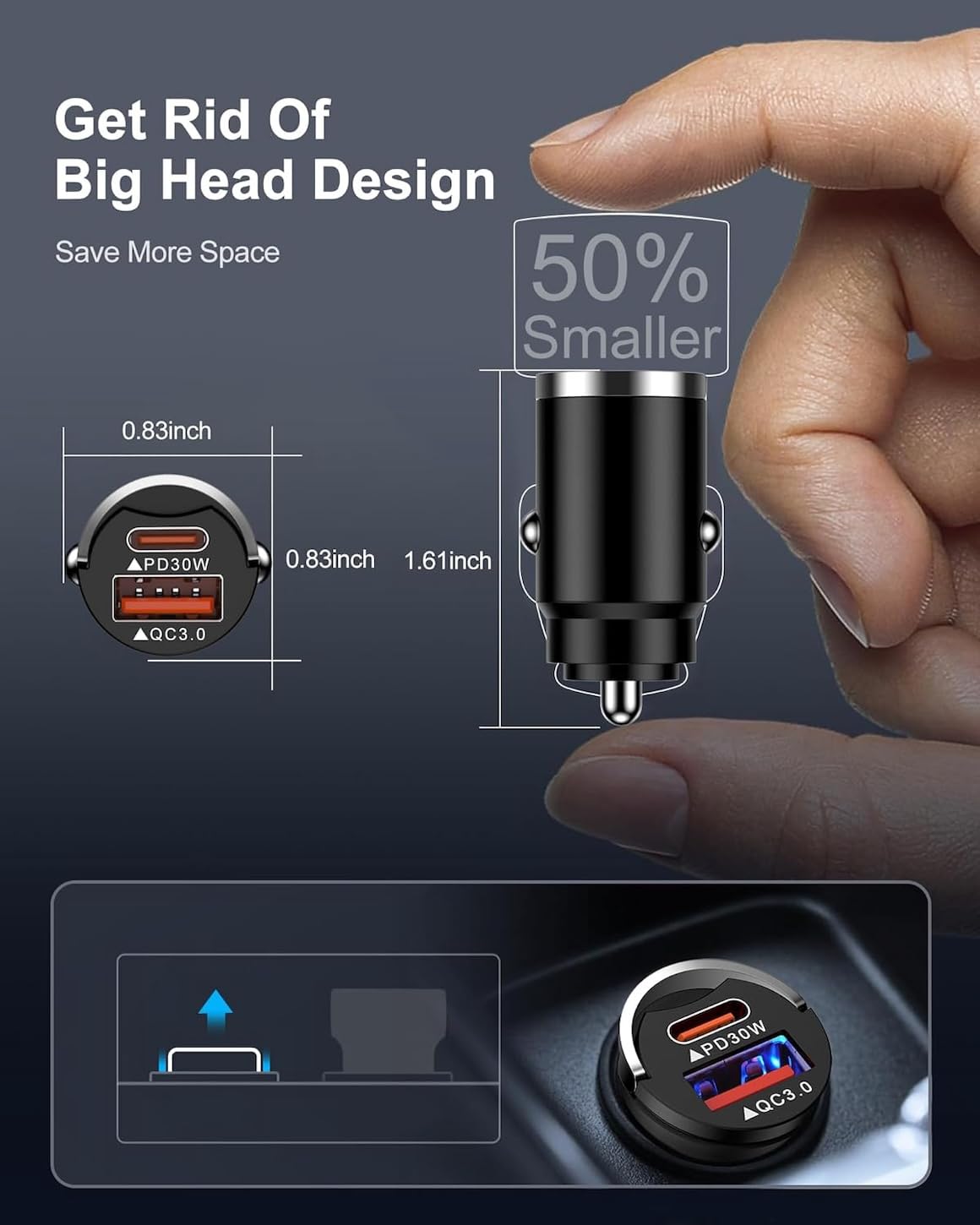 Seseno 60W USB C Car Charger with PD3.0 Fast Charging - Dual Port [30W USB-C + 30W USB-A] - Metal Cigarette Lighter Adapter for iPhone 15/14/13, Samsung Galaxy, Google Pixel - Perfect for Road Trips & Daily Commutes