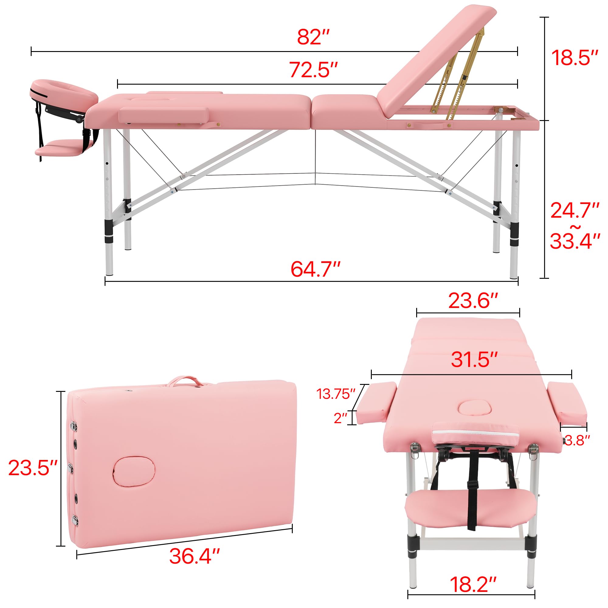 Portable 3-Section Foldable Massage Table - Adjustable Height Tattoo & Lash Spa Bed with Face Cradle - Lightweight Aluminum Frame Facial Salon Bed for Home Use (Light Pink) | Perfect for Professional Massage Therapists, Tattoo Artists & Home Spa Treatments