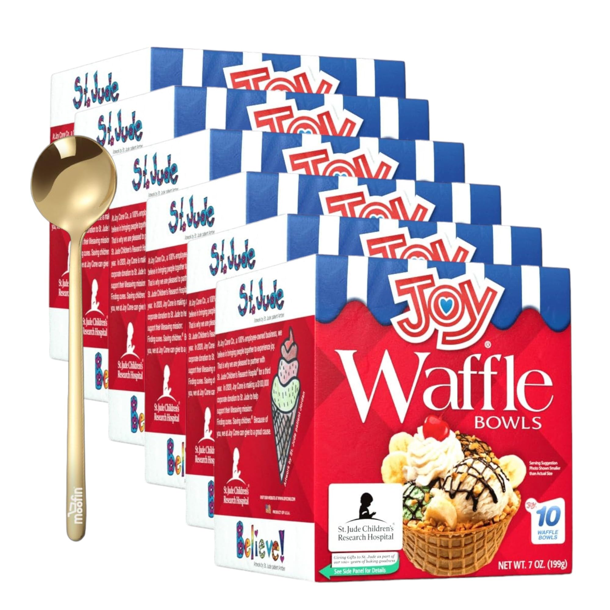 Crispy 7 oz Waffle Bowls - Edible Ice Cream Cones with Moofin Golden SS Spoon - Extra Large Dessert Bowls for Ice Cream, Yogurt, Snacks & Party Treats - No-Mess Design [Pack of 6] - Perfect for Birthday Parties, Sundae Bars & Family Gatherings
