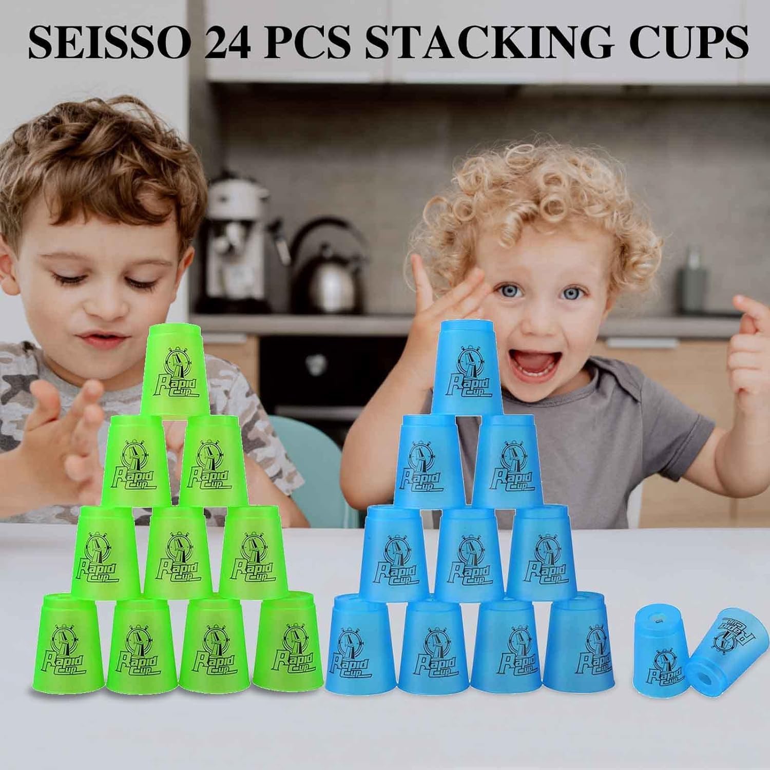 SEISSO Stacking Cups Set - 12 Pack Blue Classic Stacking Game for Kids, Boys & Girls | Fun Training Toy with Carry Bag | Perfect for Playtime, Parties & Motor Skill Development