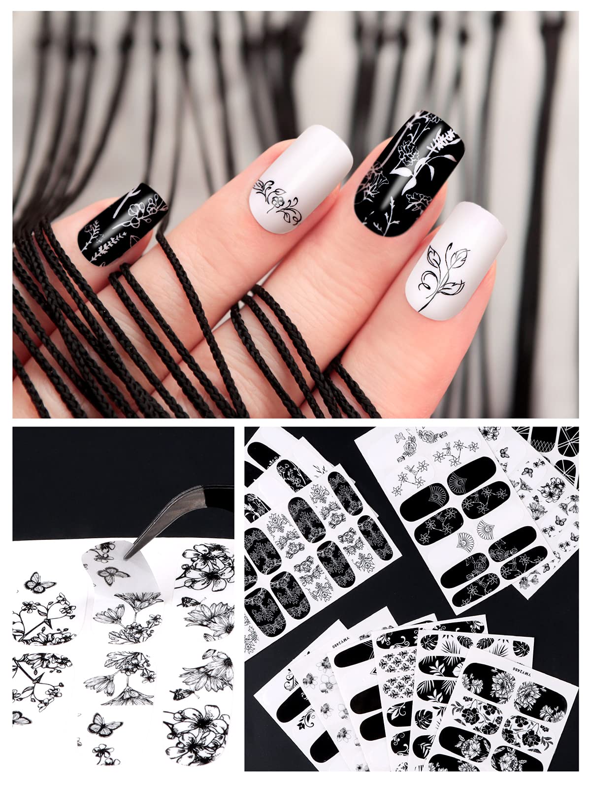 EBANKU 12 Sheets Black and White Nail Polish Strips - Full Wrap Adhesive Nail Stickers with Nail File, Floral Vine Design Nail Art Decals for Women | Perfect for Parties, Weddings, and Everyday Nail Decor
