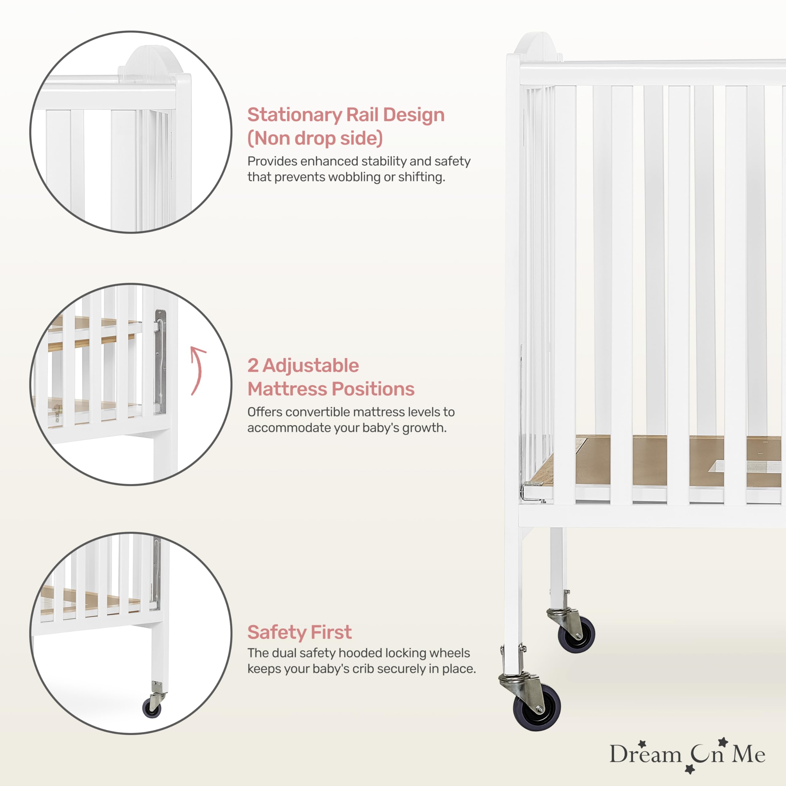 Dream On Me White Folding Full Size Crib with Adjustable Mattress Height & Heavy Duty Locking Wheels - Portable, Space-Saving Nursery Solution for Home & Travel