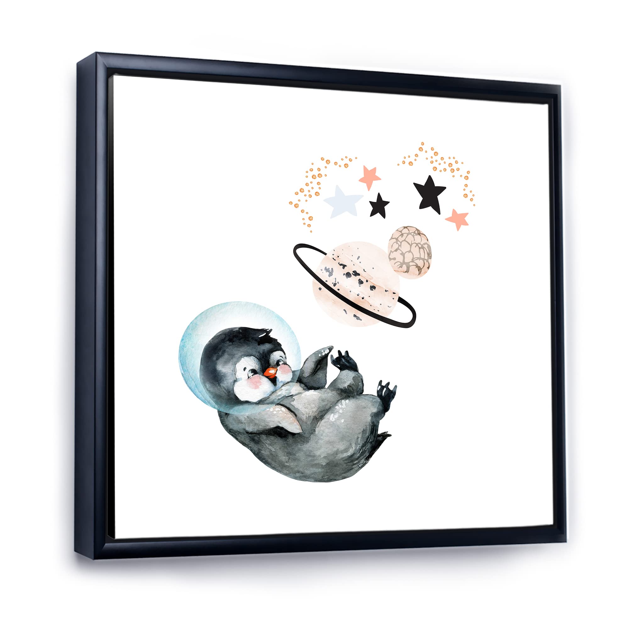 Little Penguin With Stars and Planets Farmhouse Framed Canvas Wall Art Print - Nursery Decor, Kids Room Decoration, Space Themed Bedroom Art