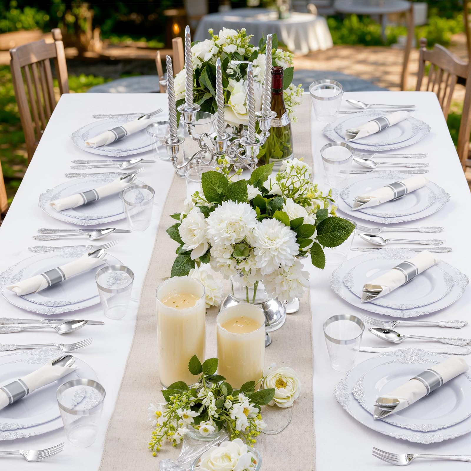 Liacere 350-Piece Silver Plastic Dinnerware Set - 100 Disposable Plates, 150 Silverware, 50 Cups & 50 Pre-Rolled Napkins for Wedding, Party, Banquet - Elegant Disposable Tableware for 50 Guests