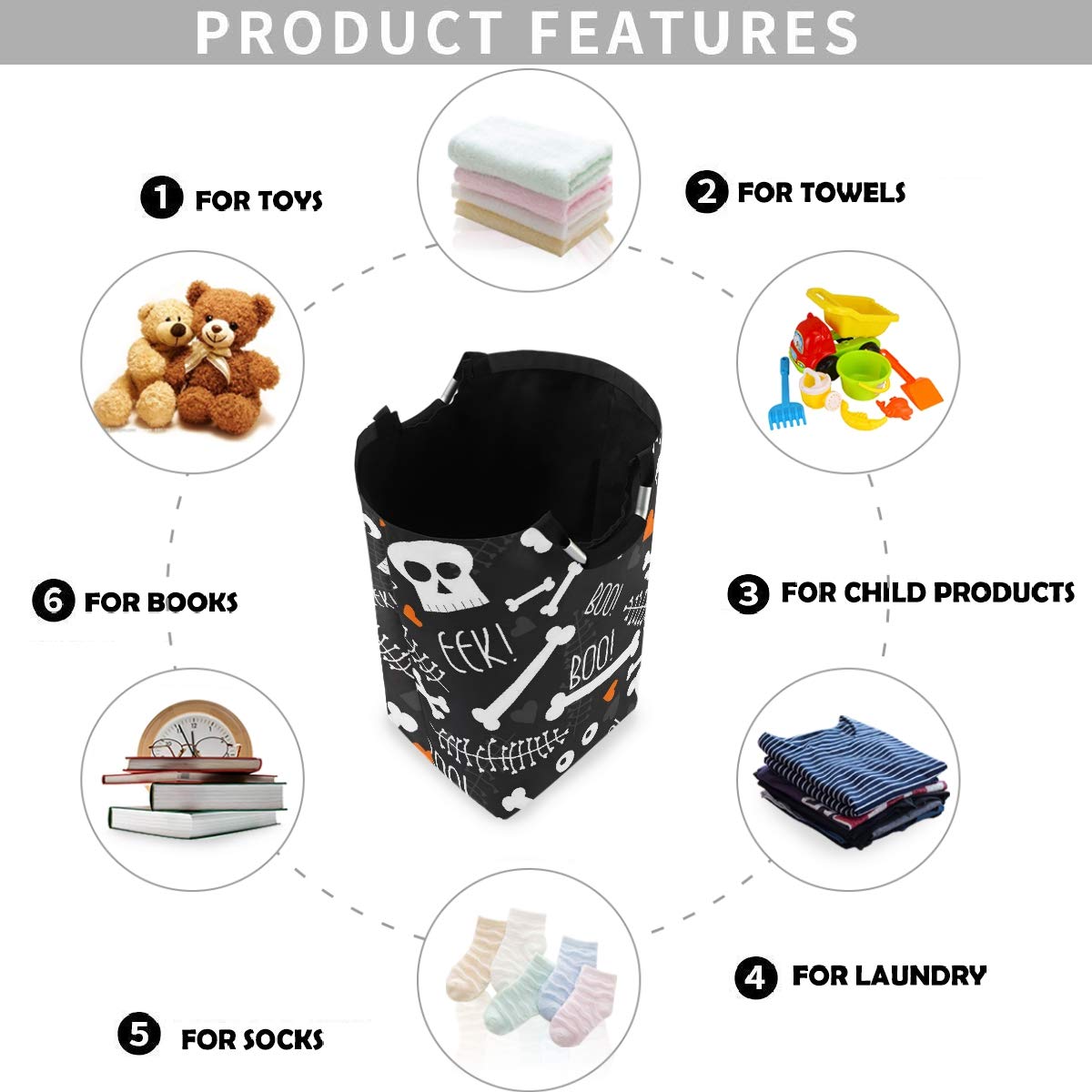 Funny Skull Red Heart Boo Large Laundry Bag - Collapsible Oxford Fabric Laundry Hamper with Handles, Foldable & Portable Dirty Clothes Basket, Waterproof Washing Bin for College Dorm, Bedroom, or Travel Use