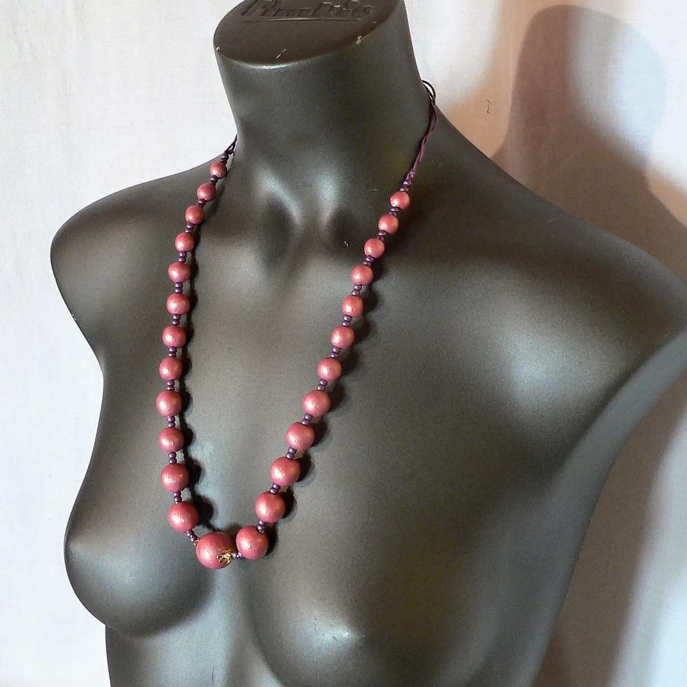 Ceramic Bead Long Necklace for Women - Pink Synthetic Leather Lace Jewelry, 