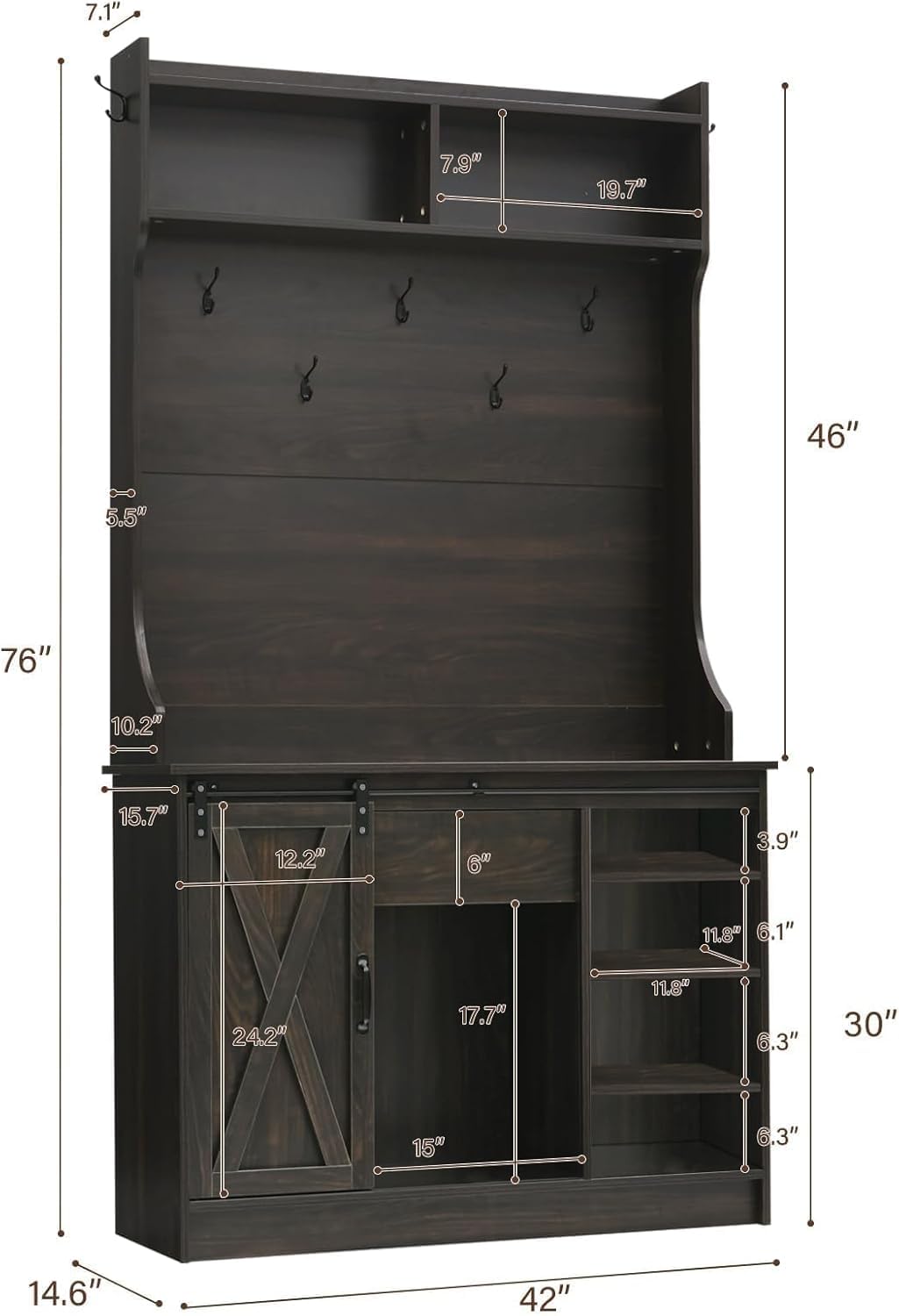 Farmhouse Hall Tree with Storage - Entryway Bench with 2 Sliding Barn Doors, Coat Rack & Shoe Organizer - Rustic Tall Hallway Furniture for Living Room, Foyer & Mudroom - Perfect for Home Entry Organization & Winter Gear Storage
