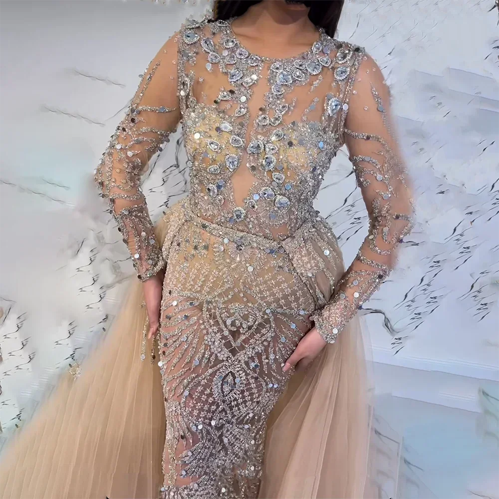 Elegant Muslim Silver Nude Mermaid Gown with Detachable Beaded Overskirt - Women's Evening Dress for Wedding, Party & Special Occasions - LA71919 | Perfect for Bridal Showers, Formal Events & Red Carpet Looks