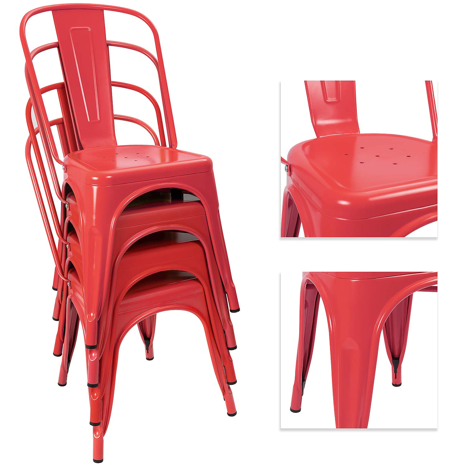 **Devoko 4-Pack Distressed Metal Stackable Dining Chairs - Indoor/Outdoor Kitchen & Patio Side Chairs with Back Support (Red) - Perfect for Home, Restaurant & Cafe Seating**