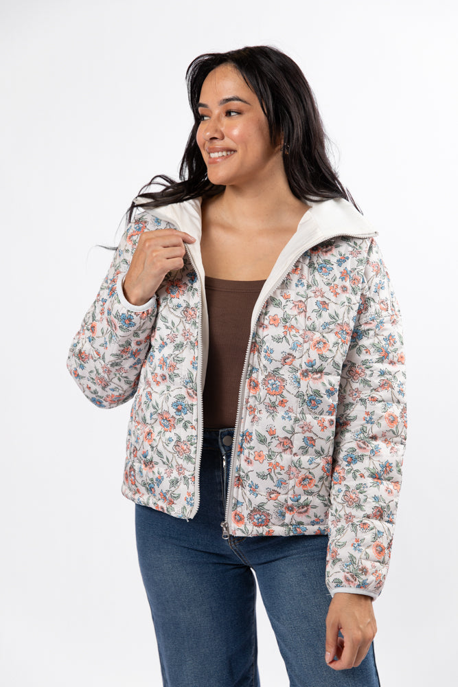 Vail Valley Pink Ivory Multi Floral Quilted Zip Up Jacket for Women - Lightweight Spring Outerwear for Hiking, Travel & Casual Wear - FINAL SALE