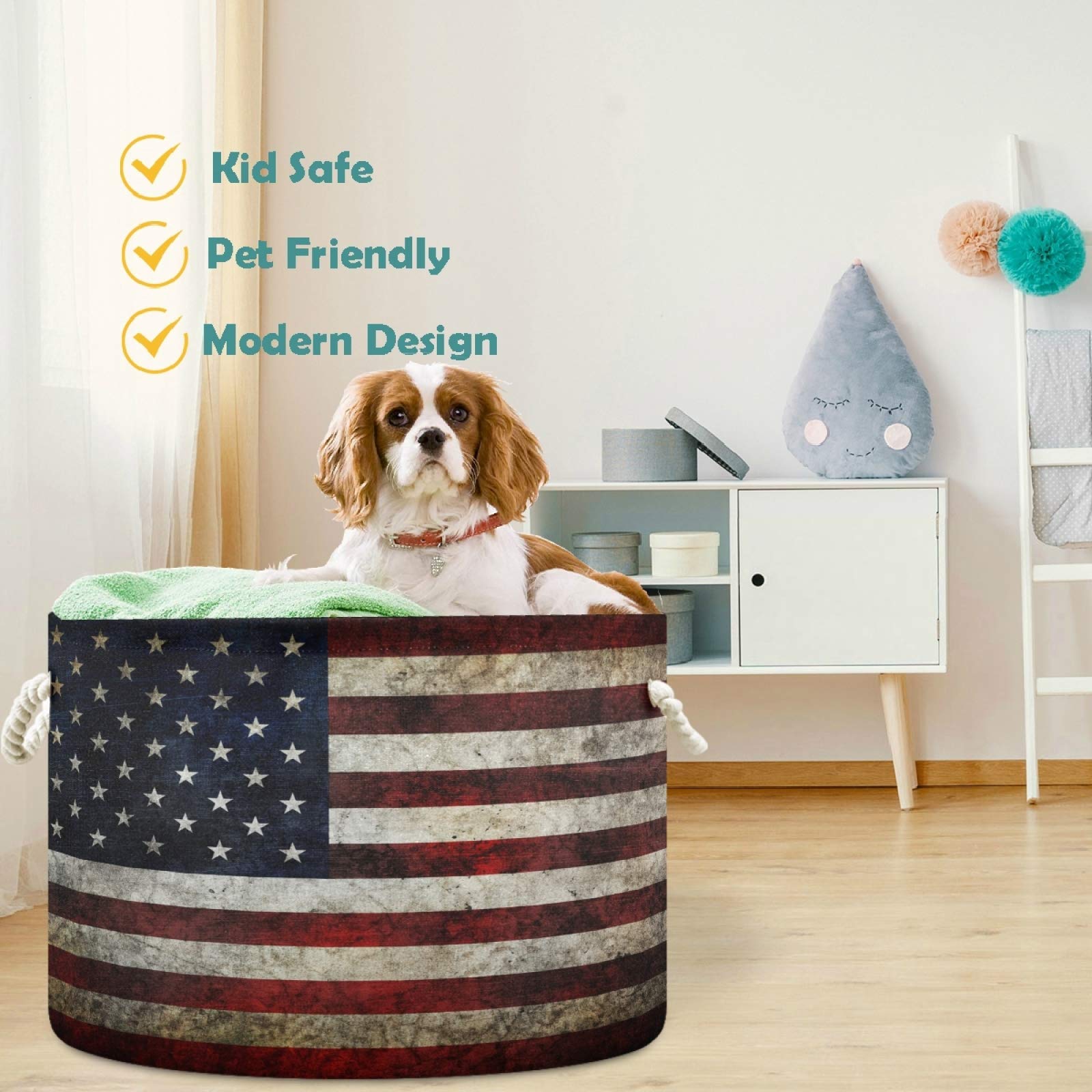 Visesunny Canvas Storage Basket - American Flag Design Toy Organizer Bin for Kids Room, Playroom, Shelves | Nursery Hamper, Laundry Basket & Toy Storage Solution | Perfect for Home Organization & Child-Friendly Spaces