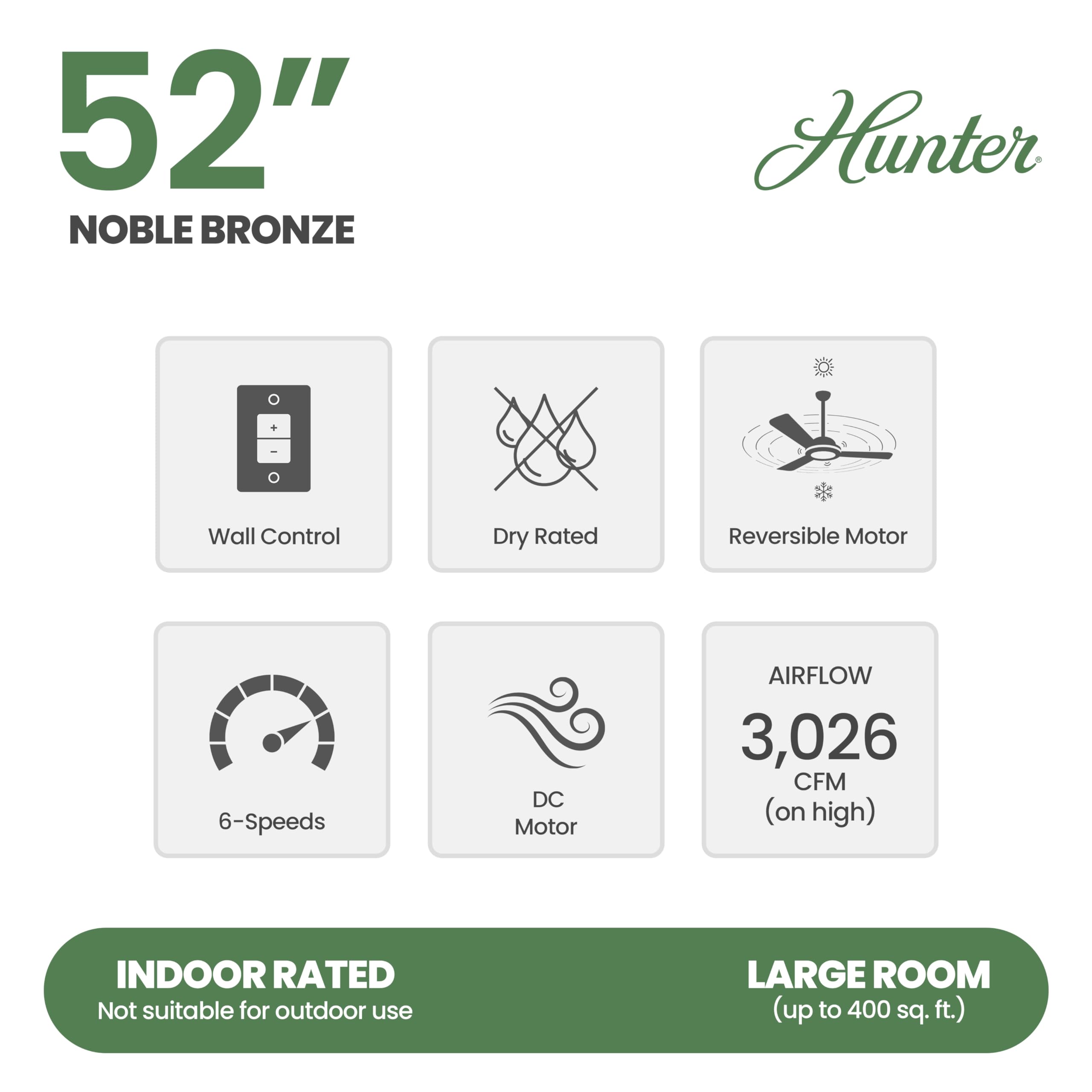 Hunter Fan 52 Inch Contemporary Noble Bronze Finish Indoor Ceiling Fan with 3 Blades - Energy Efficient Quiet DC Motor - Perfect for Living Room, Bedroom & Home Office (Renewed)