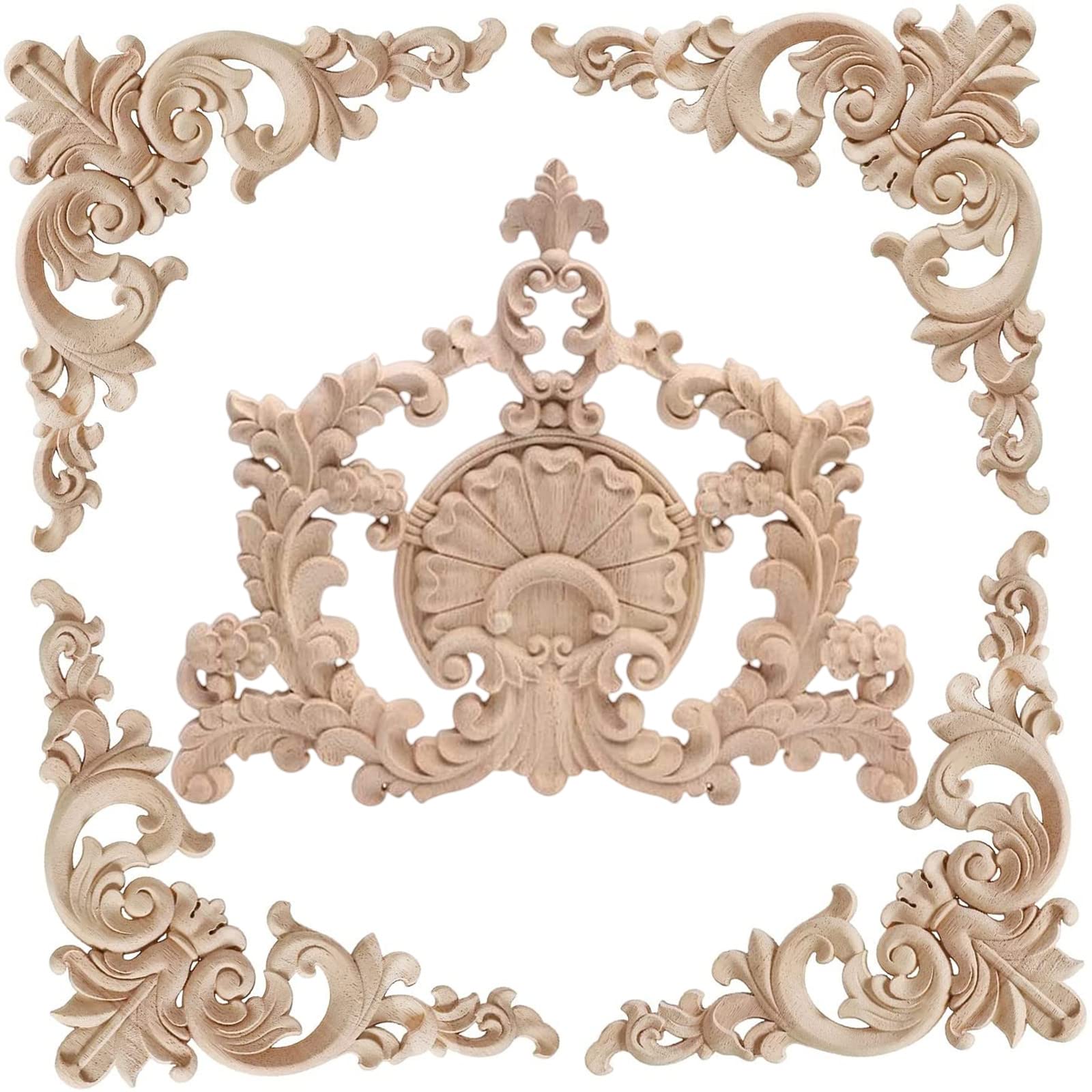 5PCS Unfinished Wood Appliques & Onlays - Hand Carved Decorative Wood Carvings for Furniture, Cabinets, Doors, Wardrobes - DIY Home Decor & Woodworking Projects - Perfect for Bedroom, Living Room, and Office Furniture Makeover