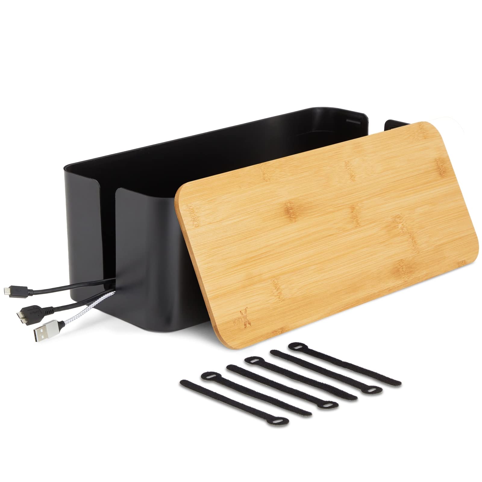 Large ABS Cable Management Box with Bamboo Lid - Black Cord Organizer for TV, Computer & Home Office Wire Storage