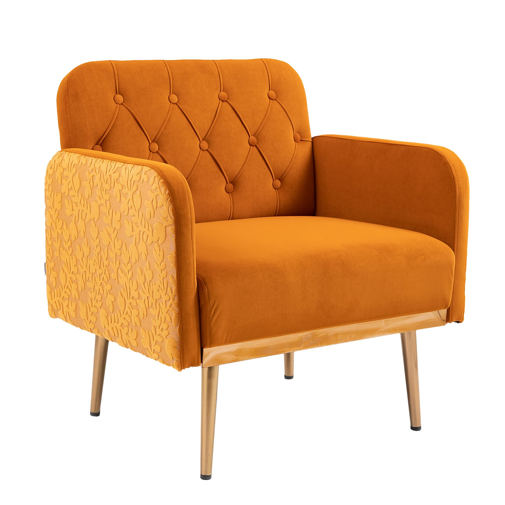 Tmosi Velvet Accent Chair with Gold Metal Legs - Tufted Upholstered Club Chair for Living Room, Bedroom & Office - Comfortable Reading Armchair for Small Spaces (Orange) - Perfect for Relaxing, Reading & Home Decor
