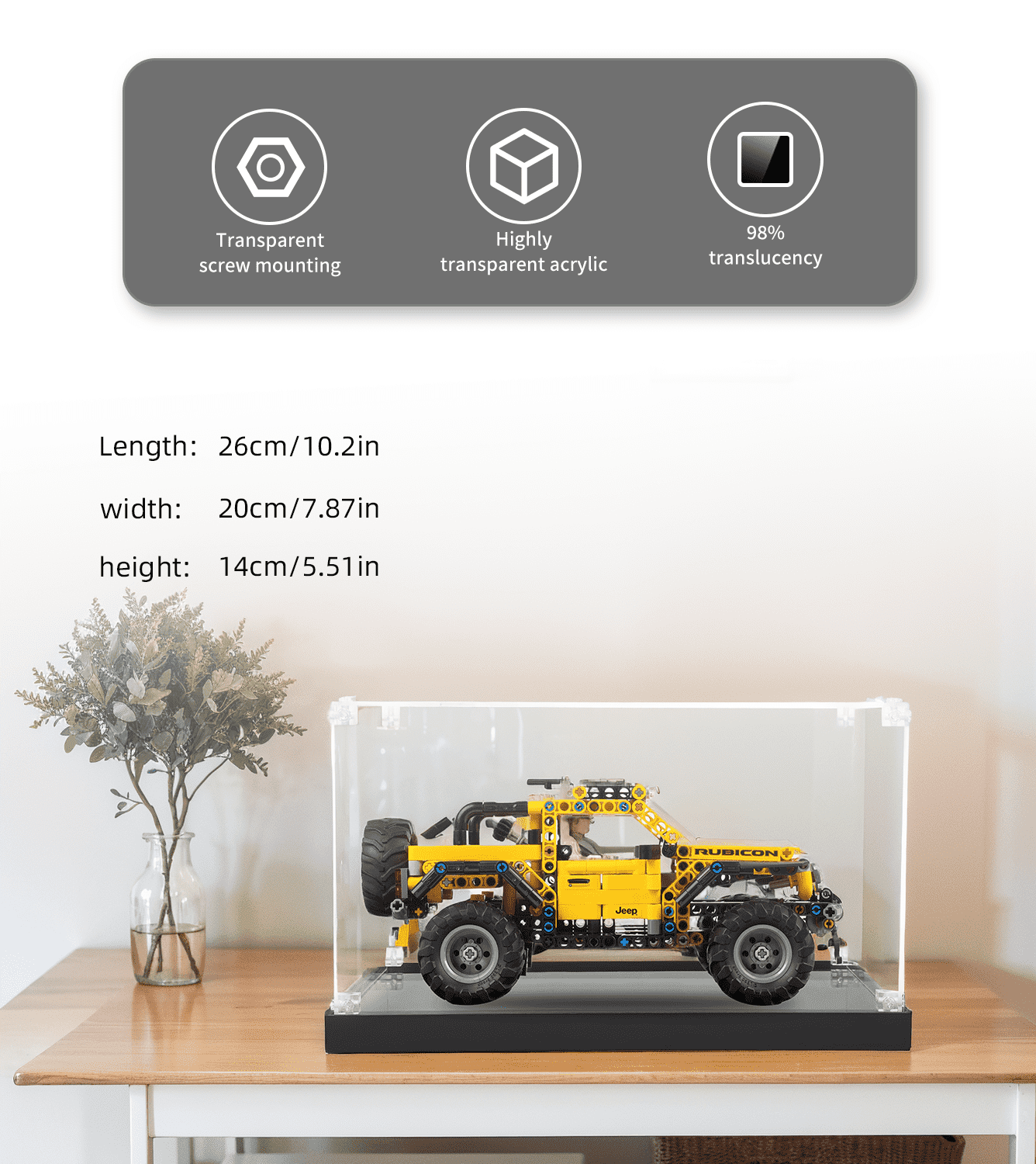LEGO Technic Jeep Wrangler 42122 Display Case - Clear Acrylic Showcase for Model Car Collection - Perfect for Home Decor, Office Display & Gift for LEGO Enthusiasts