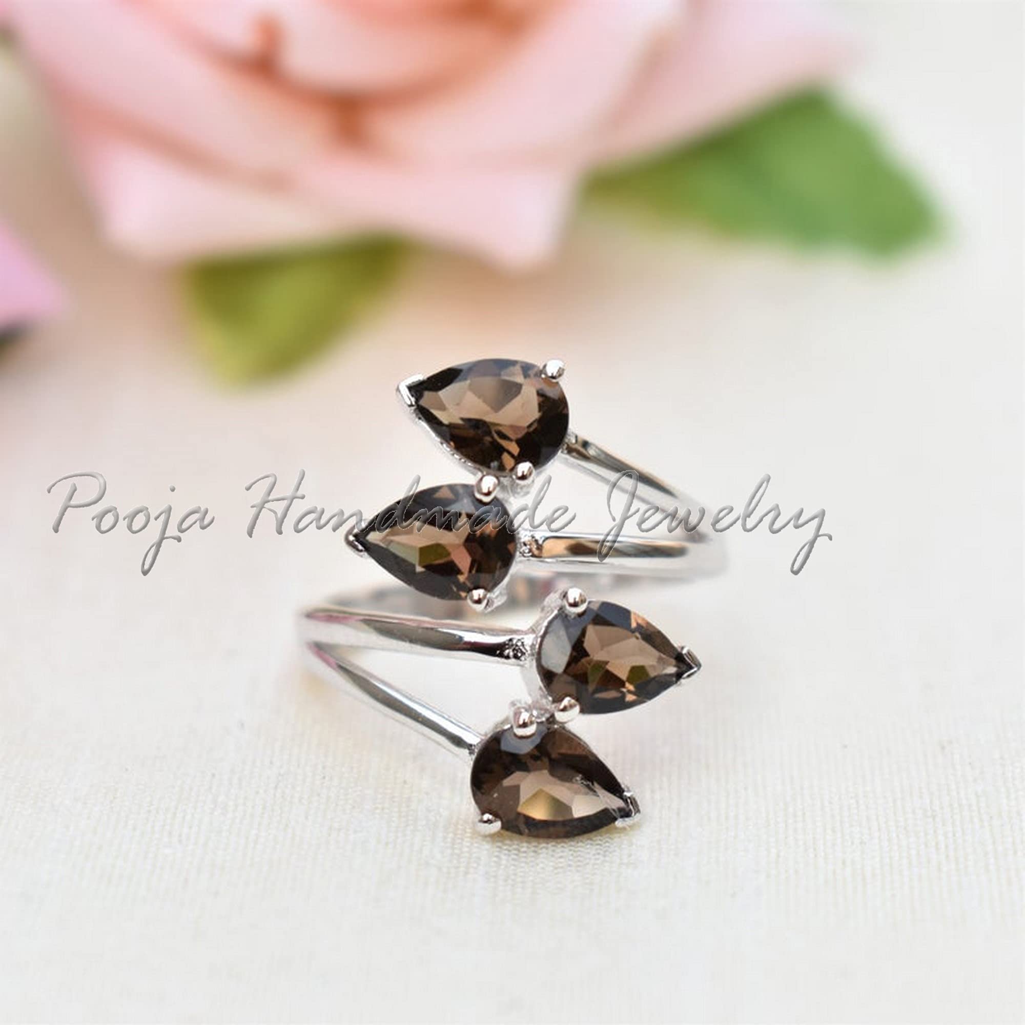 925 Sterling Silver Smoky Quartz Ring - Handmade Boho Adjustable Stackable Spiral Ring for June Birthstone, Promise & Engagement Rings | Perfect for Everyday Wear, Gifts & Special Occasions