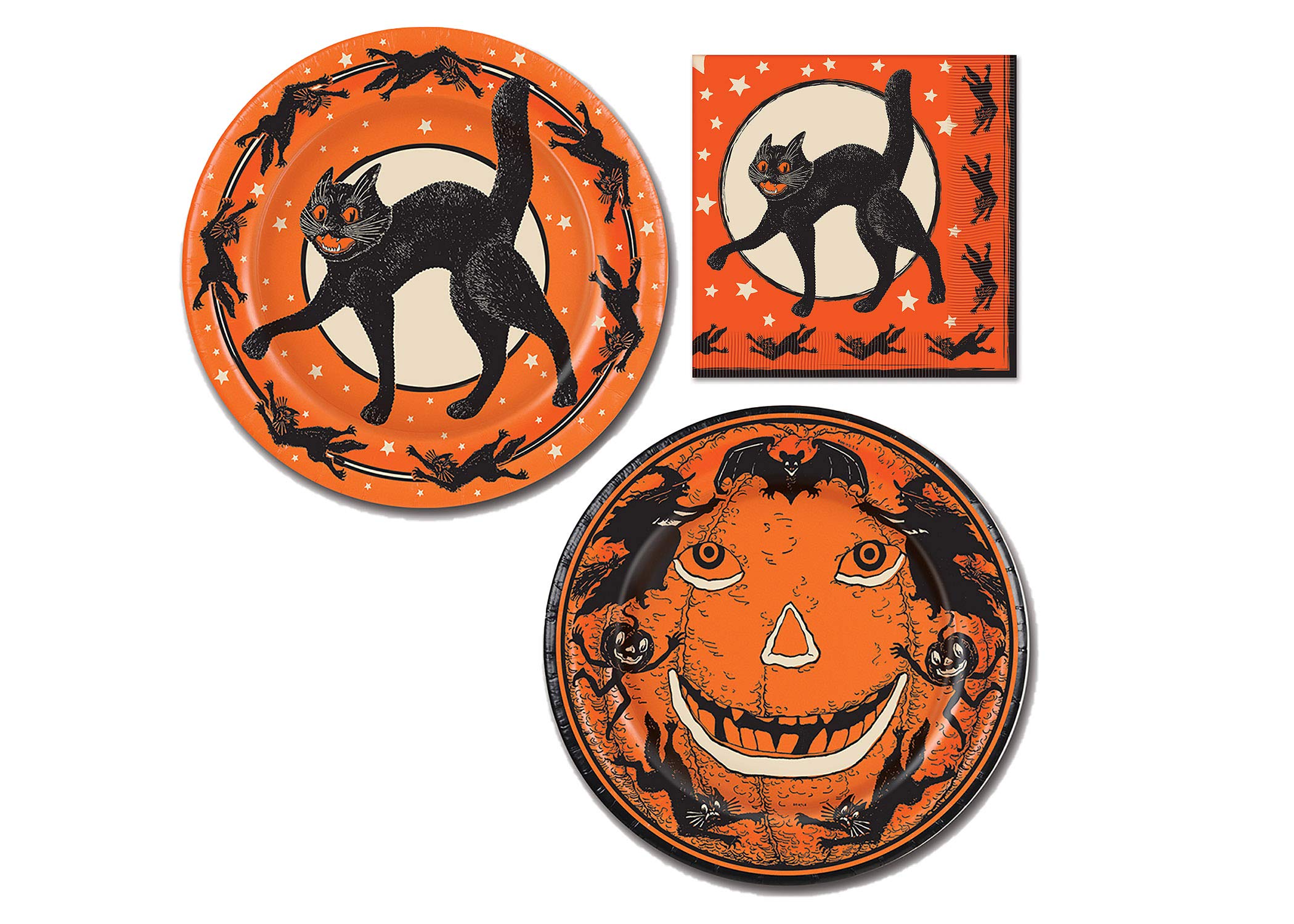 Vintage Halloween Black Cat & Orange Pumpkin 9-Inch Plates (16 Count) & Napkins (16 Count) Set - Perfect for Spooky Party Decorations, Themed Dinnerware, and Fall Celebrations