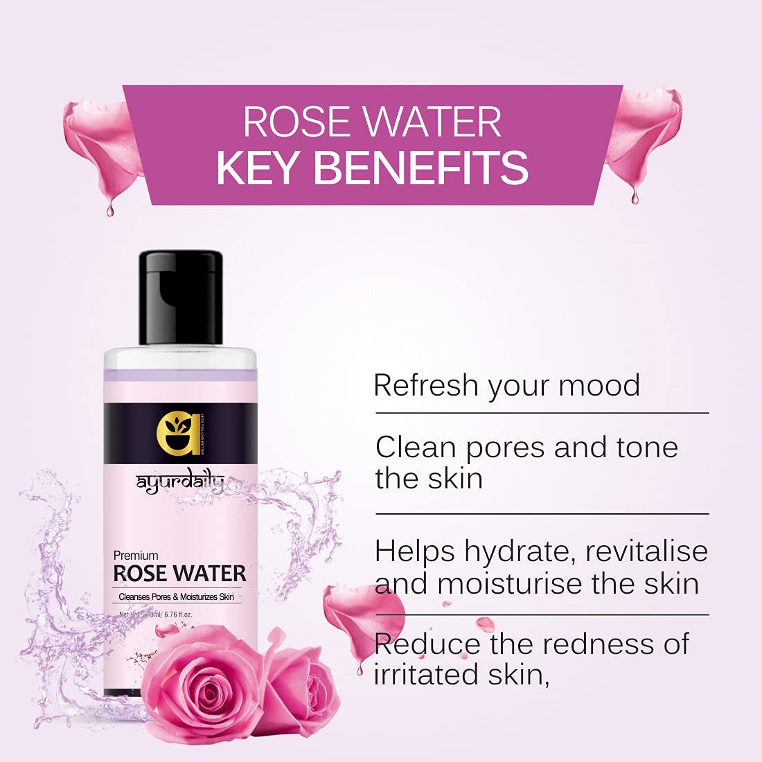 Ayurdaily Pure Rose Water Facial Toner for Men & Women - 200ml (Pack of 2) | Hydrating, Refreshing & Soothing Skin Care | Perfect for Daily Use, After Sun Care & Makeup Removal