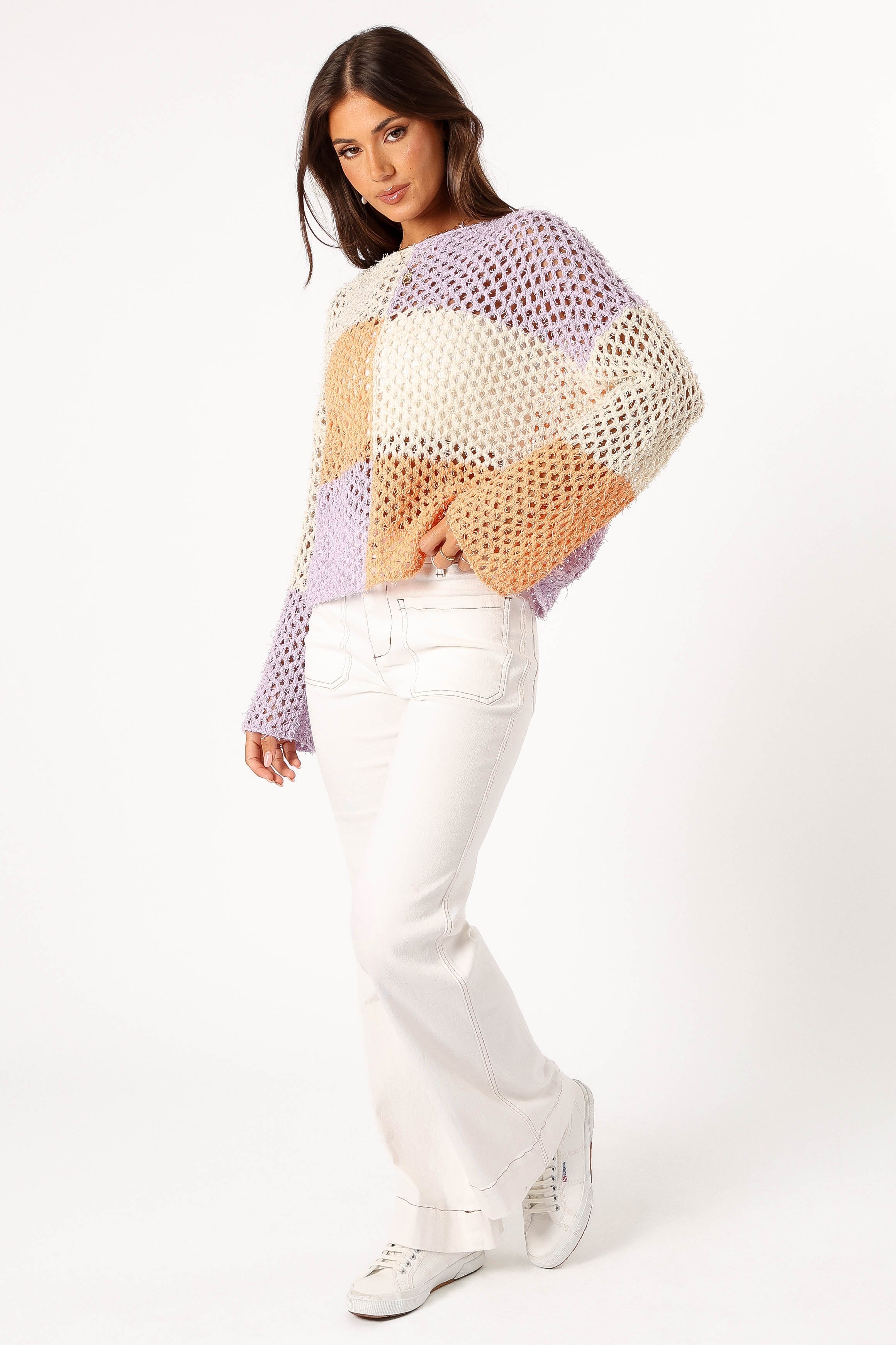 Dawn Color Block Knit Sweater Women's Fashion Pullover Cream Lavender - Cozy Casual Wear for Fall & Winter Outfits