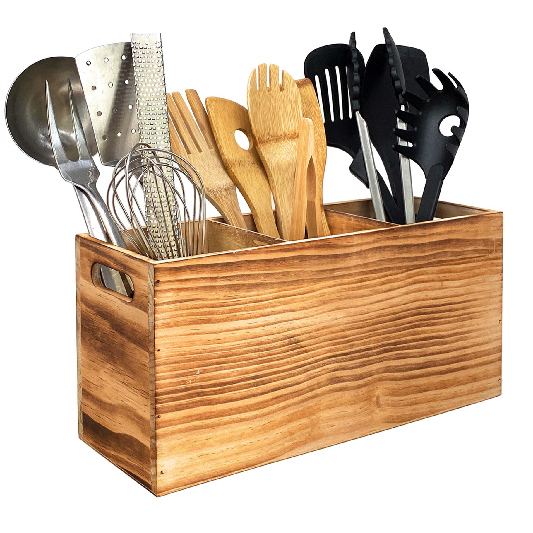 Farmhouse Style Wooden Kitchen Utensil Holder - 3 Compartment Countertop Organizer for Spoons, Spatulas & Cooking Tools - Rustic Kitchen Decor for Counter, Pantry or Dining Table Storage