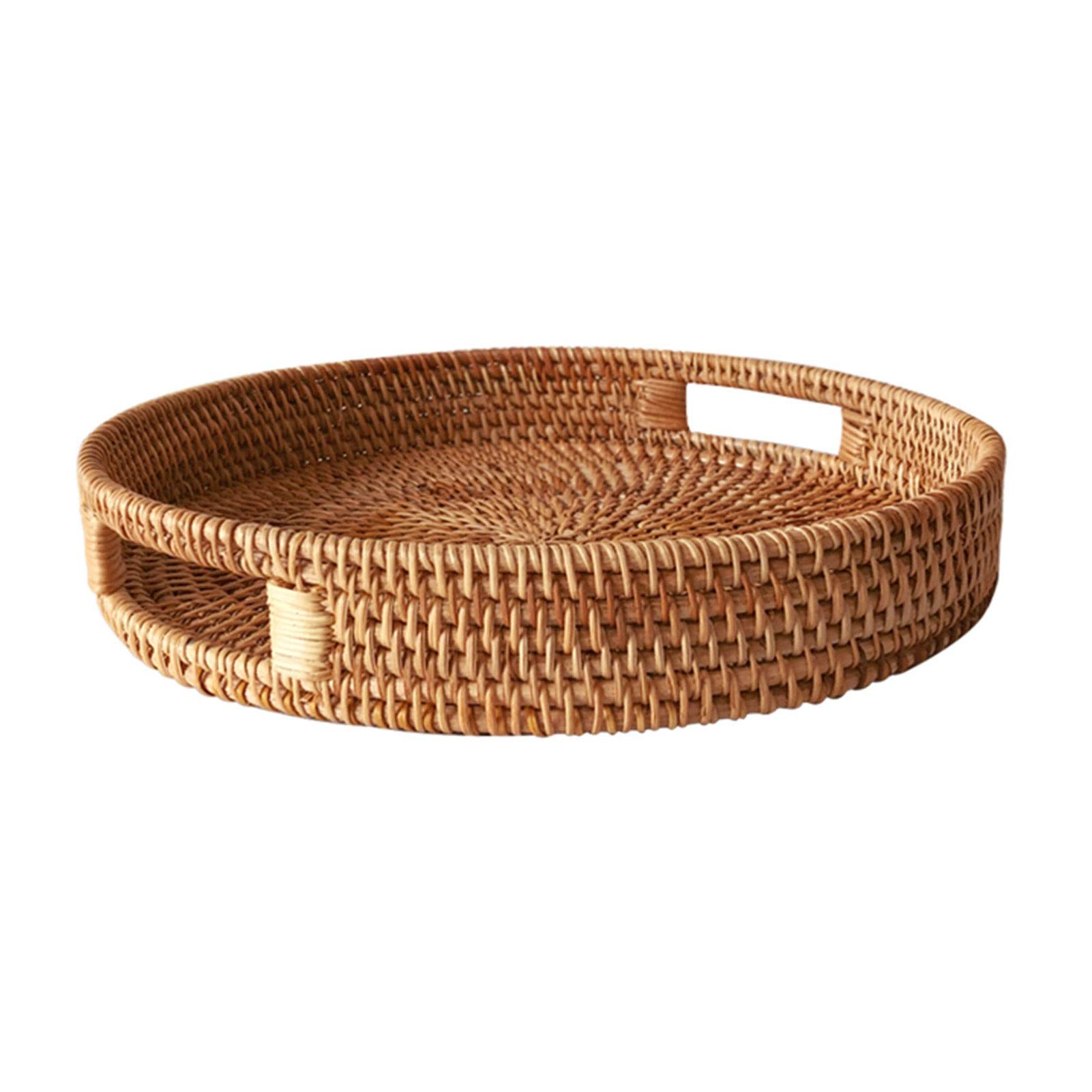 Hand Woven Rattan Round Serving Tray with Cut-Out Handles - Small Wicker Fruit & Bread Basket for Breakfast, Picnics, and Home Decor