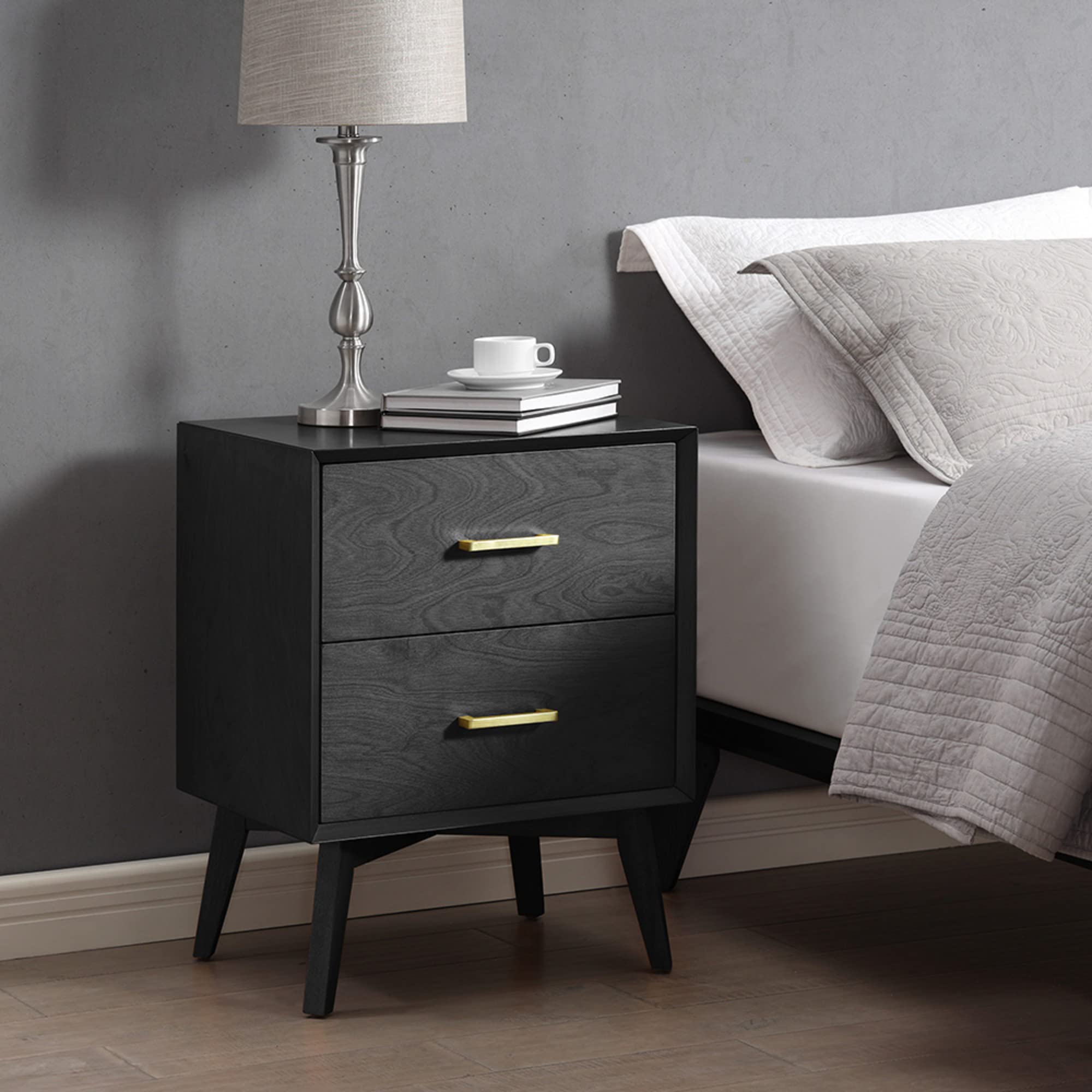 Modern Black Two-Drawer Nightstand - Bedside Table with Storage for Bedroom, Living Room & Office - Compact Nightstand with Smooth Gliding Drawers for Home Decor