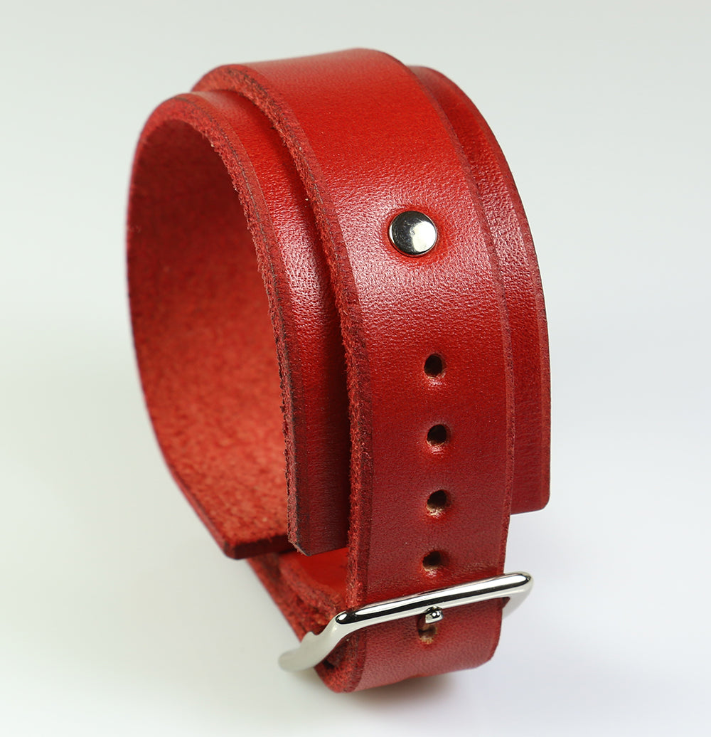 Stylish Red Buckling Leather Wrist Cuff Bracelet for Women & Men - Fashionable Gothic Punk Accessory for Parties, Concerts, and Costume Events