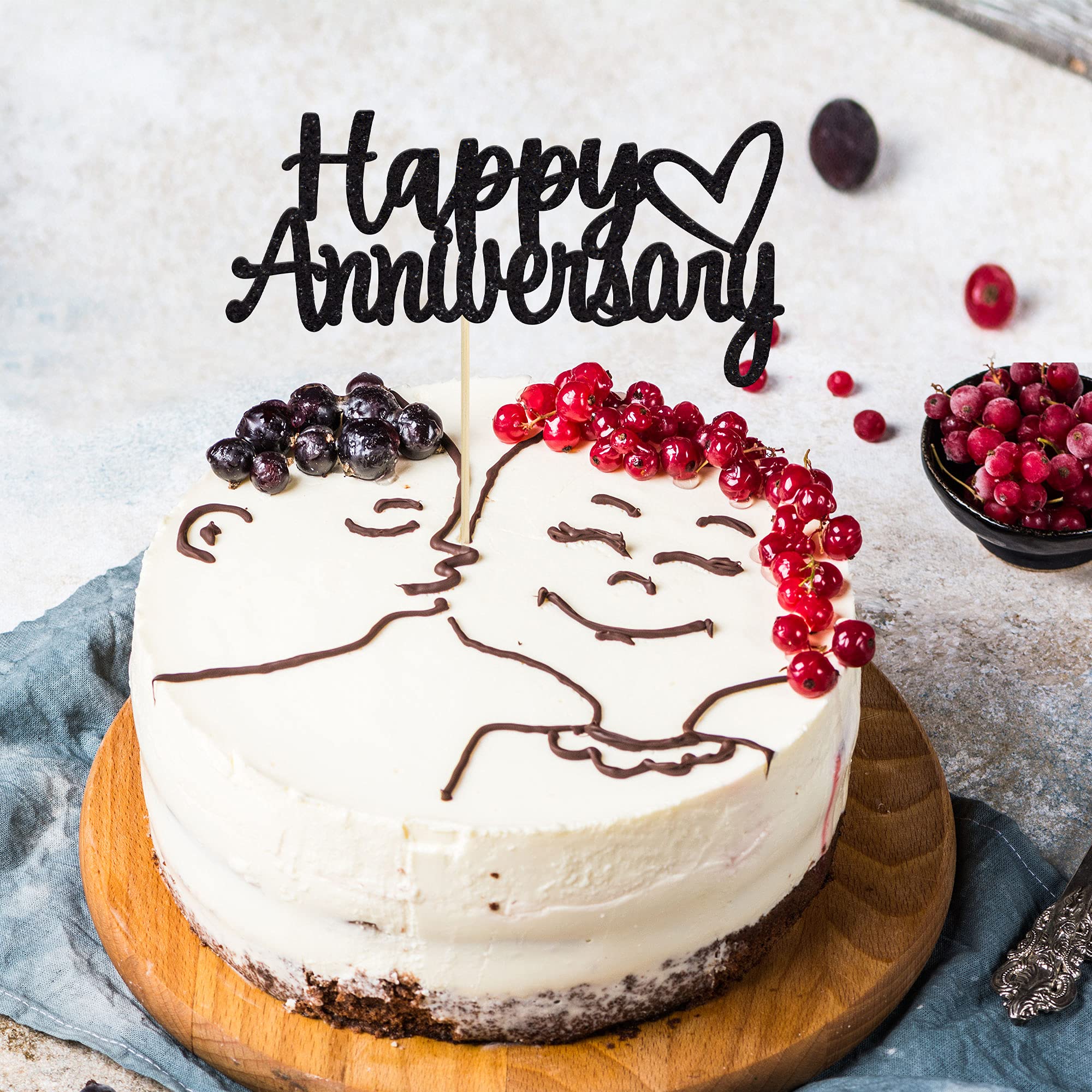 Gyufise 1 Pack Black Glitter Happy Anniversary Cake Topper - Wedding & Anniversary Party Decoration Supplies - Perfect for Cake Decorating, Bridal Showers & Celebration Parties