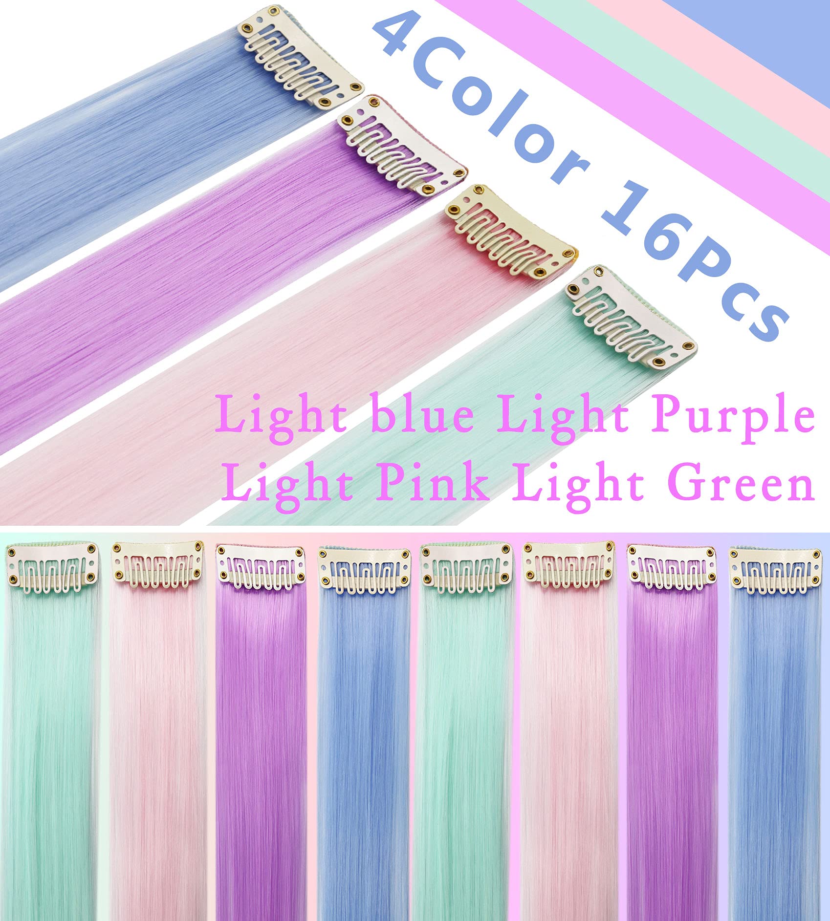 12 PCS Princess Party Highlight Colored Hair Extensions for Girls - Light Green, Pink, Blue & Purple Clip-in Wigs | Perfect for Cosplay, Halloween & Costume Parties