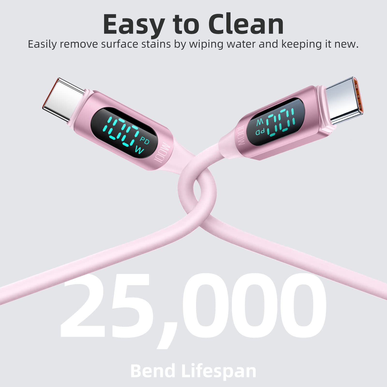 6.6FT 100W USB C to USB C Fast Charging Cable - 5A USB 2.0 Type C Charger with LED Display - Compatible with iPhone 15/15 Plus/15 Pro/15 Pro Max - Durable Silicone Cable for Home, Office & Travel Charging