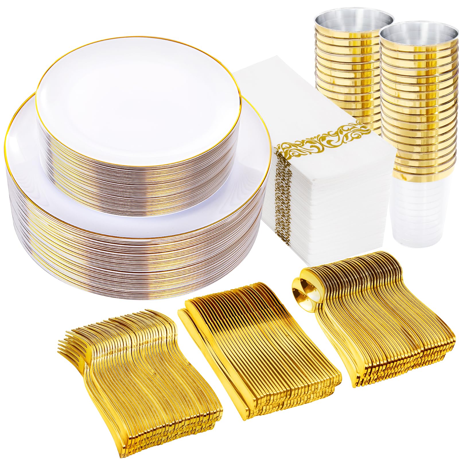 350-Piece Gold & White Plastic Dinnerware Set - 100 Gold-Rimmed Plates, 150 Gold Silverware, 50 Cups & 50 Napkins - Elegant Disposable Tableware for Christmas Parties, Weddings & Special Events
