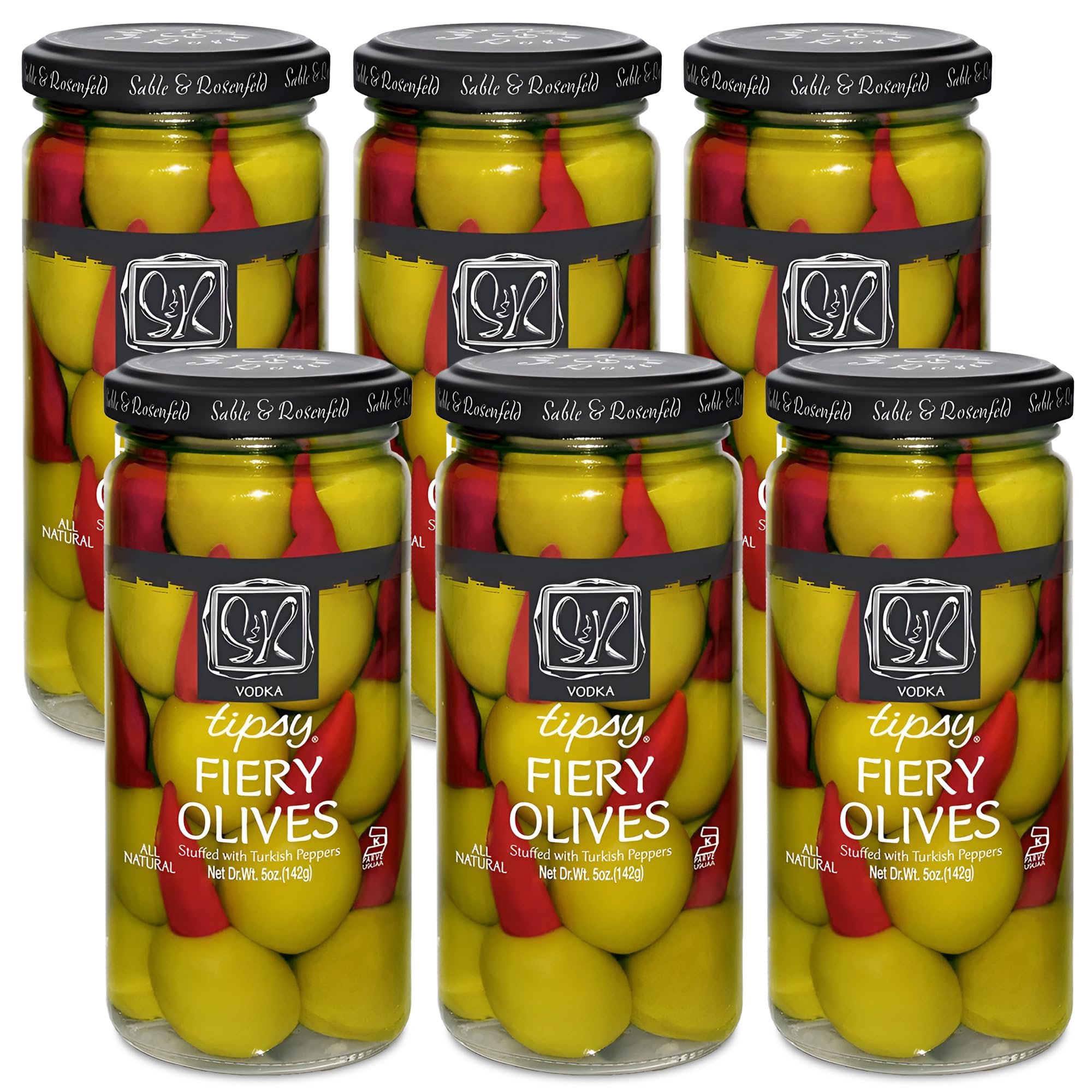 Premium Sable & Rosenfeld Tipsy Fiery Olives - Jumbo Green Olives Stuffed with Spicy Turkish Peppers | Perfect for Bloody Mary Garnish, Martini Cocktails & Charcuterie Boards | 5oz Jar (Pack of 6) | Gourmet Bar Snacks & Party Appetizers