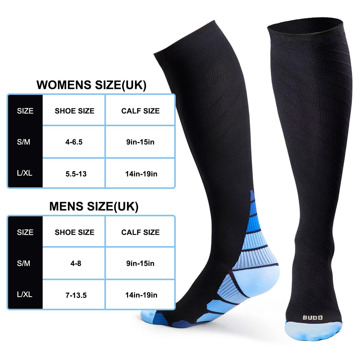 BUDD Unisex Compression Socks for Women & Men - 360 Relief, Functional & Comfortable - Ideal for Travel, Running, Flying & Medical Use - Size L - Perfect for Long Flights, Workouts & Varicose Vein Support