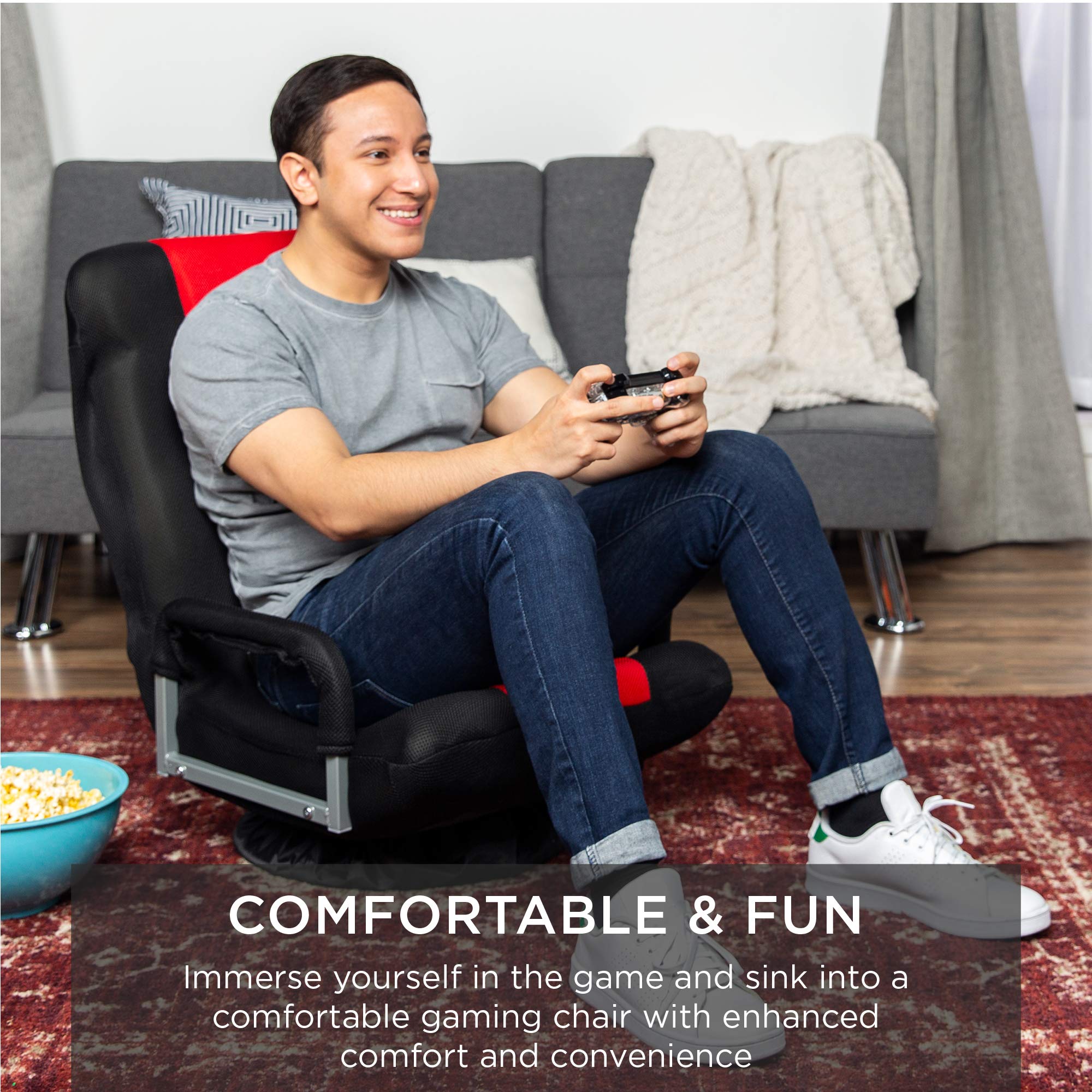 Best Choice Products 360 Degree Swivel Gaming Chair with Lumbar Support & Adjustable Backrest - Multipurpose Floor Rocker for TV Watching, Video Gaming, Reading - Ergonomic Armrest Handles (Black/Red) - Perfect for Home Office, Gaming Setup & Living Room Relaxation