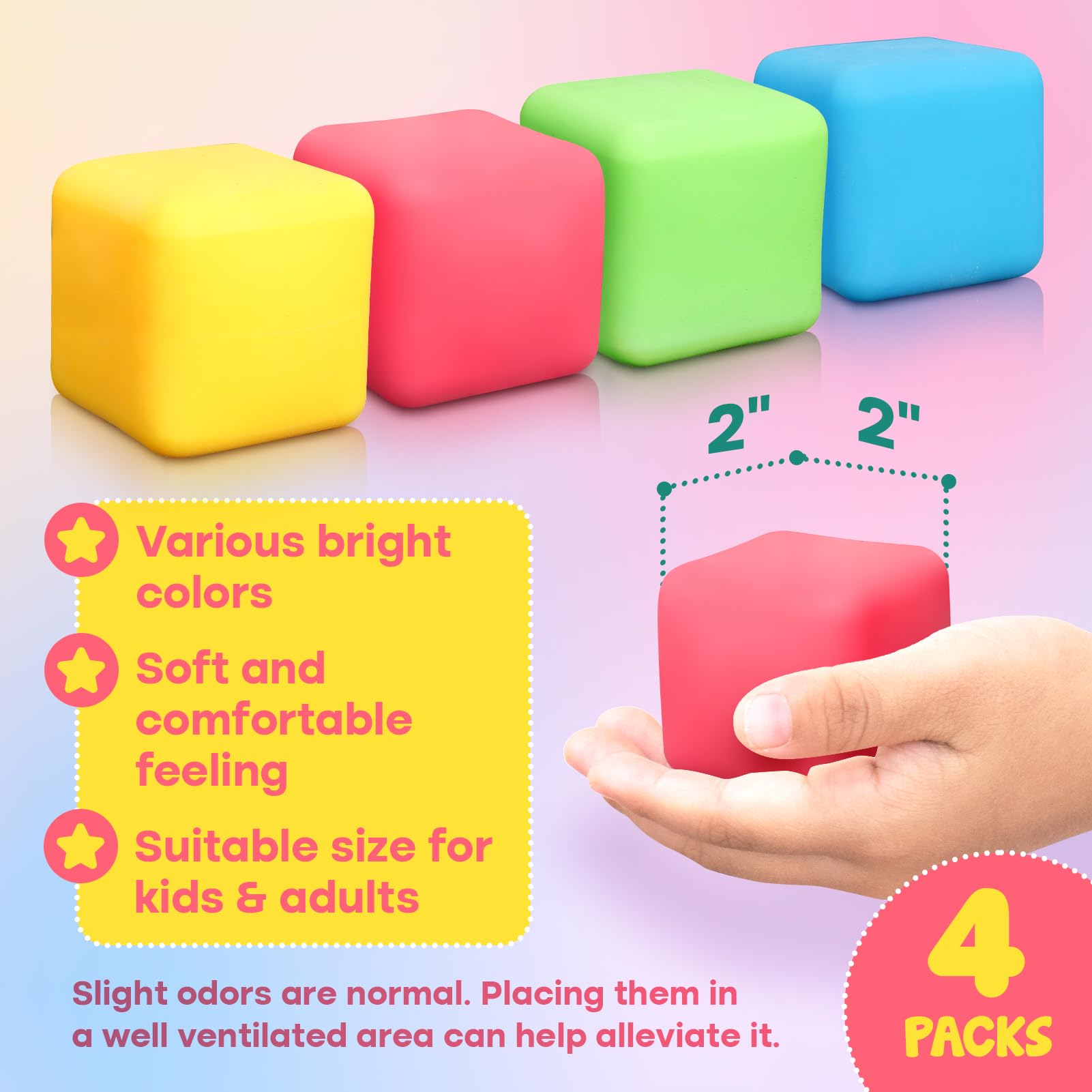4 Pack Stress Relief Cube Fidget Toys for Kids & Adults - Squeeze Stress Balls, Anxiety Sensory Toys for Autism, ADHD, Classroom, Office & Party - Perfect for Focus, Relaxation & Hand Exercise
