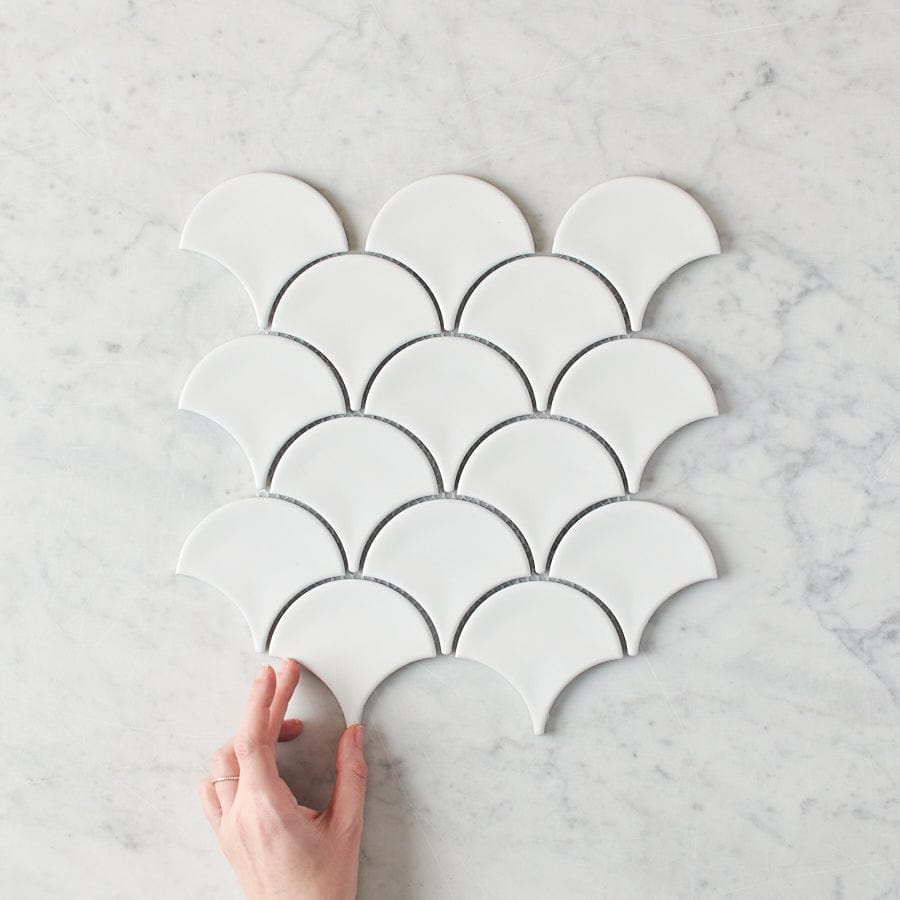 Premium Coral Bay Gloss White Fish Scale Tile - Waterproof Ceramic Wall & Floor Tile for Bathroom, Kitchen Backsplash, and Pool Designs