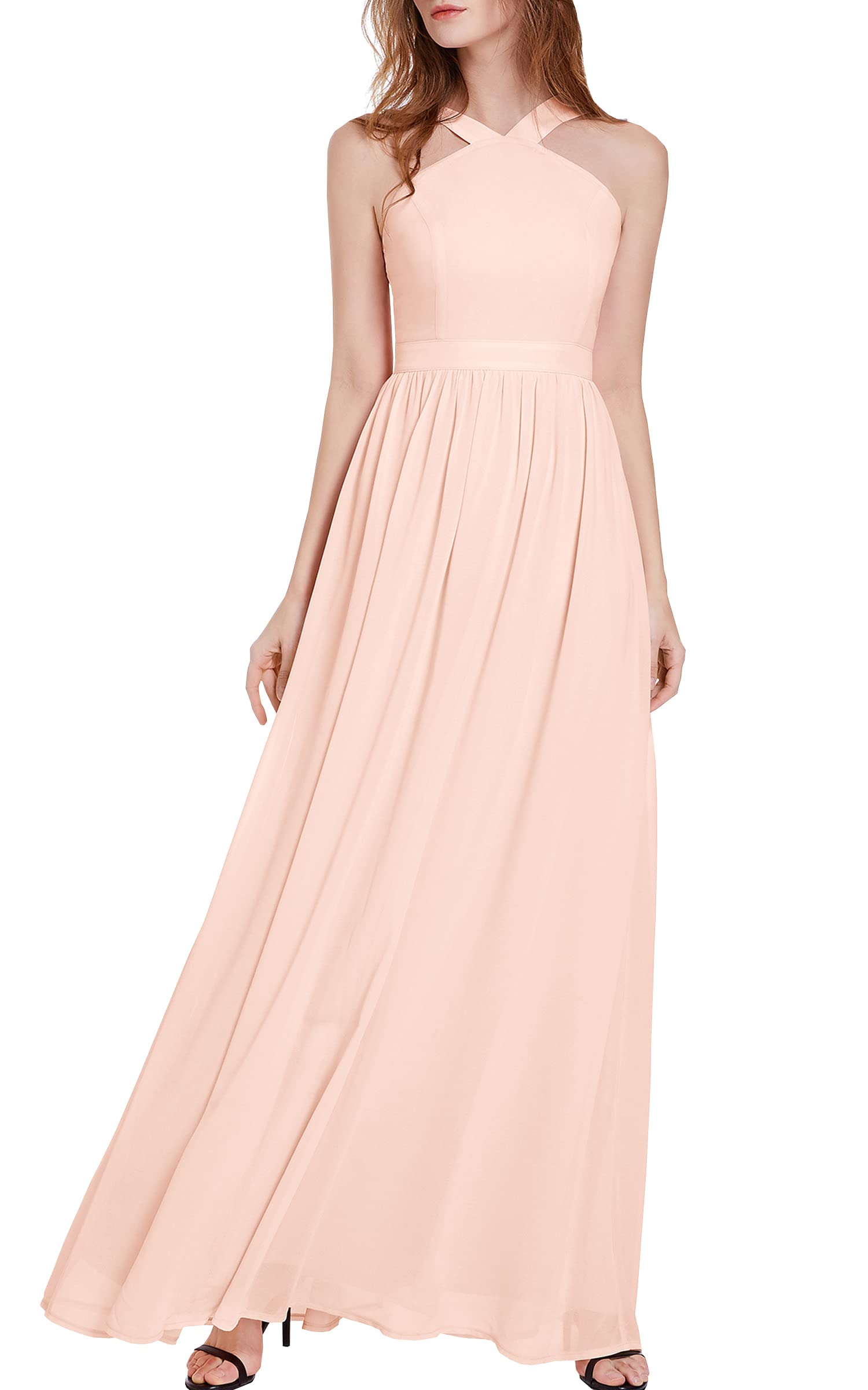 BUPT Women's Halter Neck Sleeveless Chiffon Flowy Sundress - Wedding Guest, Bridesmaid, Evening Formal & Cocktail Long Maxi Dress for Beach Parties, Summer Vacations & Special Occasions