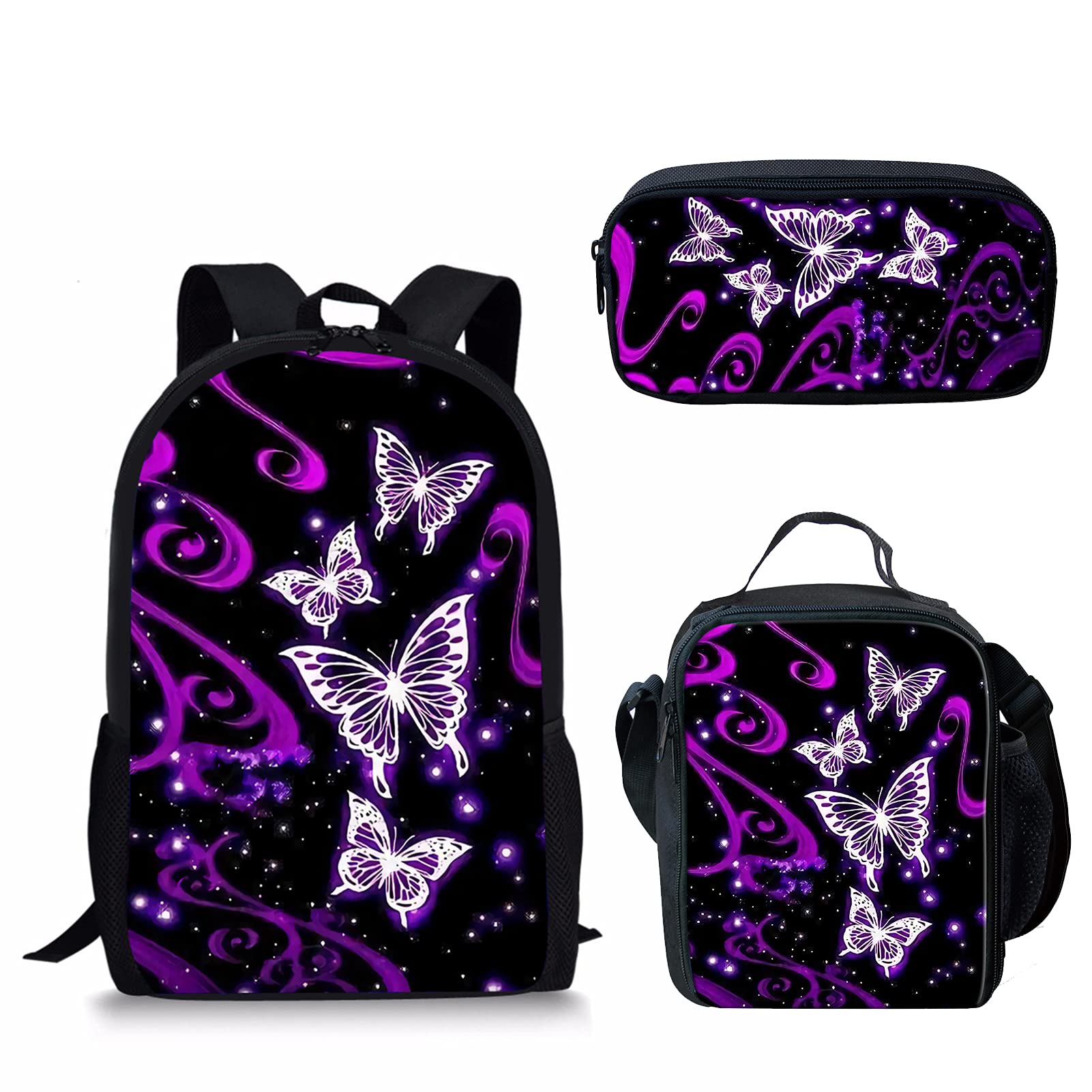 FANCOSAN Kids Backpack Set for Girls - Purple Butterfly School Backpack with Insulated Lunch Bag & Pencil Box | Lightweight Bookbag for Elementary & Middle School | Perfect for School, Travel & Daily Use