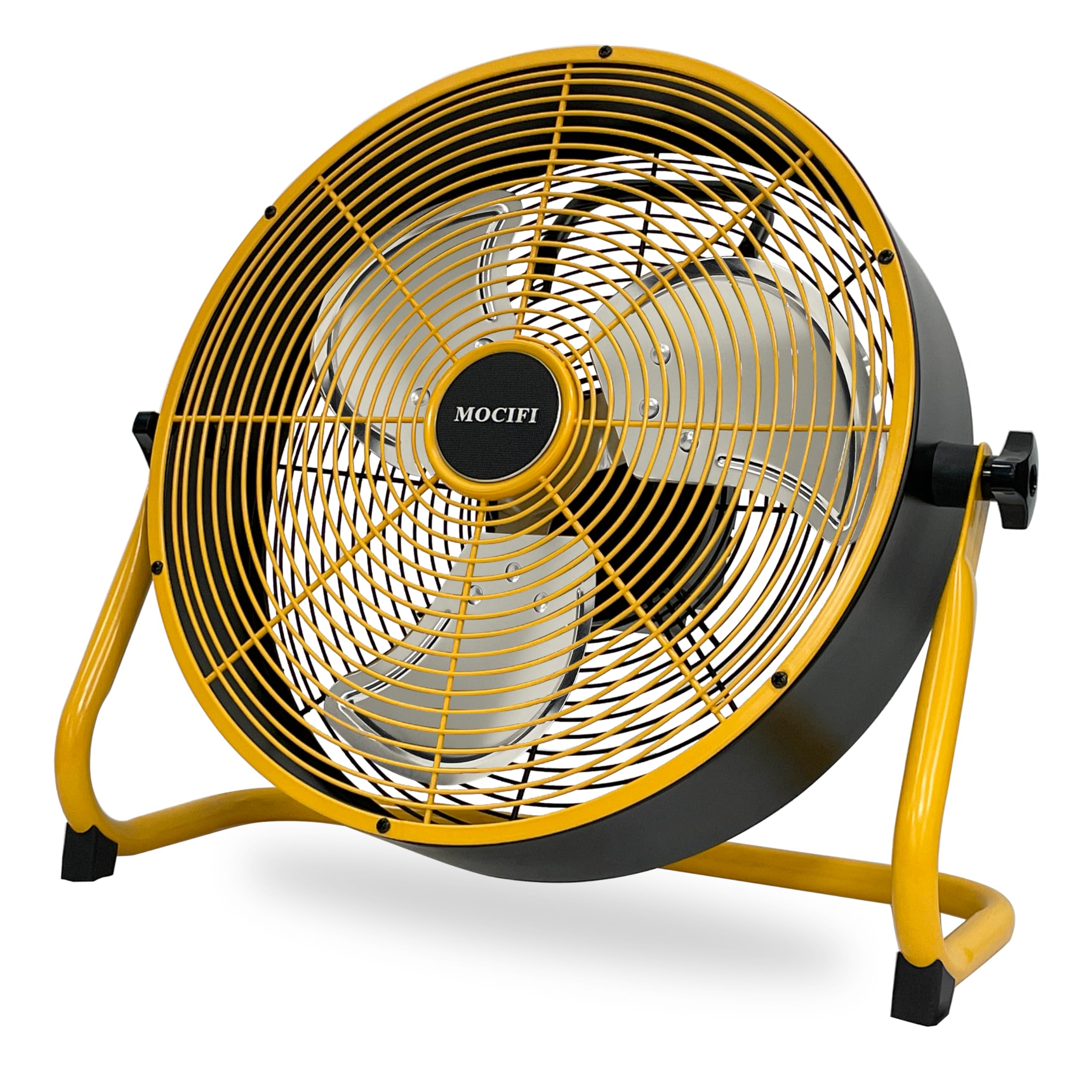 12-Speed Rechargeable Battery Operated Floor Fan - High Velocity Portable Cordless Fan with USB Output for Phone Charging - Ideal for Camping, Travel, Patio, Indoor Use - 12 Inch Yellow Cooling Fan for Home, Office, and Outdoor Activities
