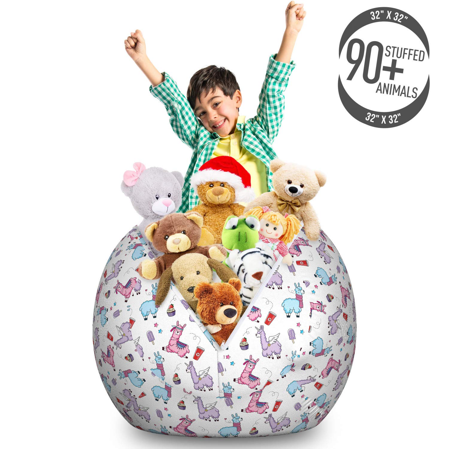 Ambesonne Llama Storage Toy Bag Chair - Large Washable Stuffed Animal Organizer with Fantasy World Hearts & Stars Design - Perfect for Kids' Room, Playroom, and Nursery Storage Solutions