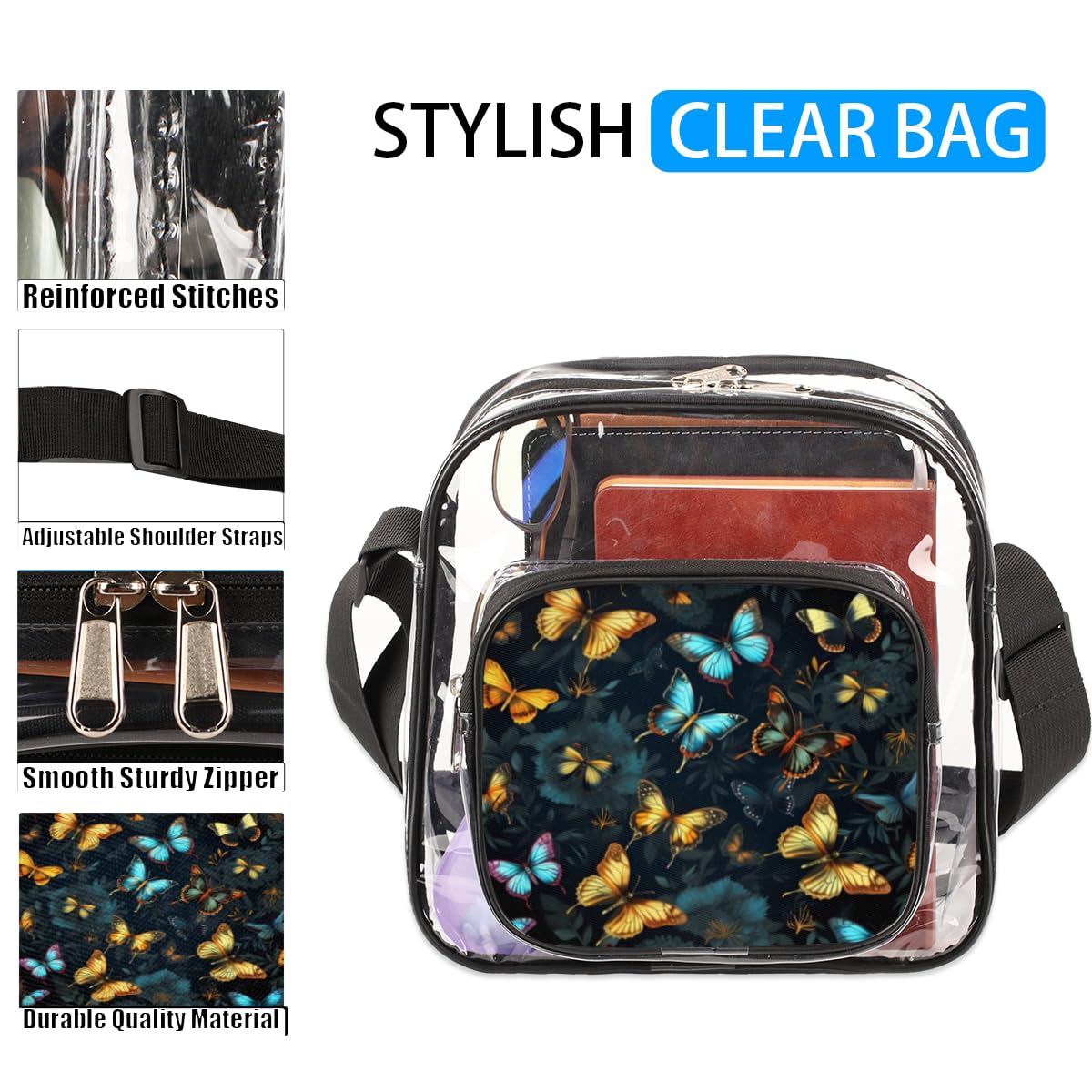 Butterfly Golden Black Clear Crossbody Purse Bag - Stadium Approved Transparent Shoulder Bag for Women & Men - Perfect for Music Festivals, Sports Events, Concerts & Travel
