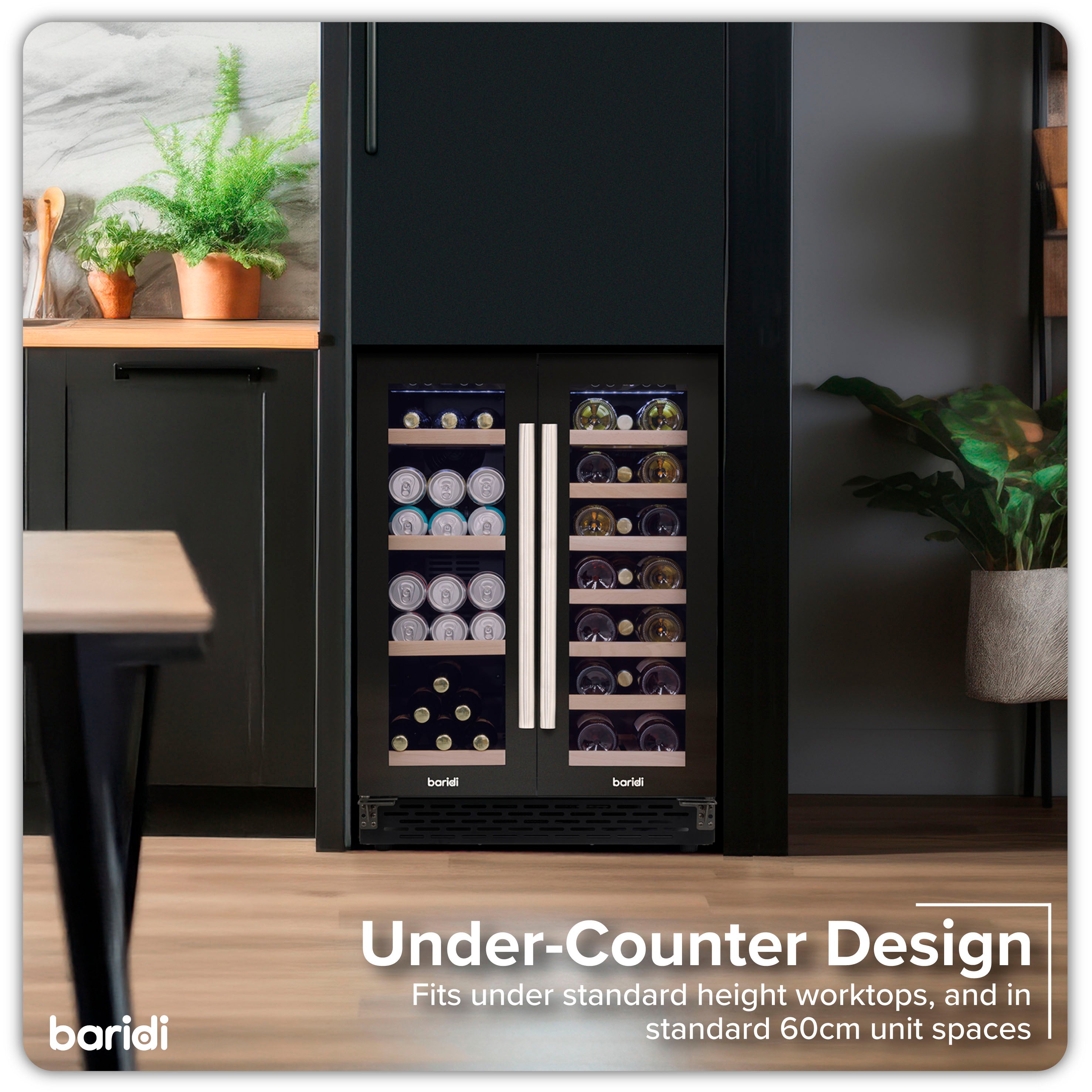 Baridi 40 Bottle Dual Zone Wine Cooler & Beverage Refrigerator - Freestanding or Under Counter for 120 Cans - Perfect for Home Bars, Kitchens & Entertaining Spaces