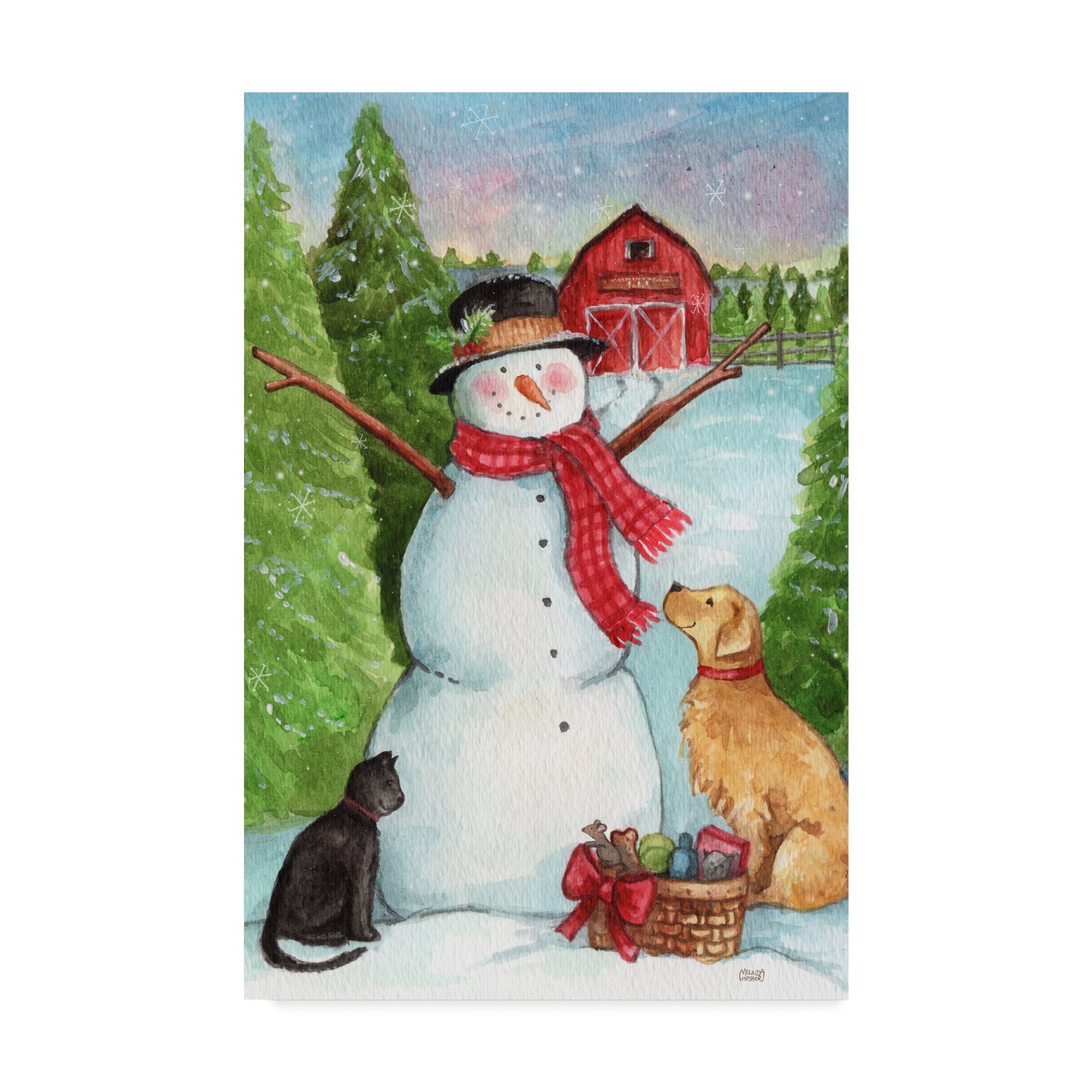 Melinda Hipsher Snowman Farm with Dog and Cat Wall Art - 30x47 Inch Winter Scene Canvas Painting for Living Room, Bedroom & Holiday Decor